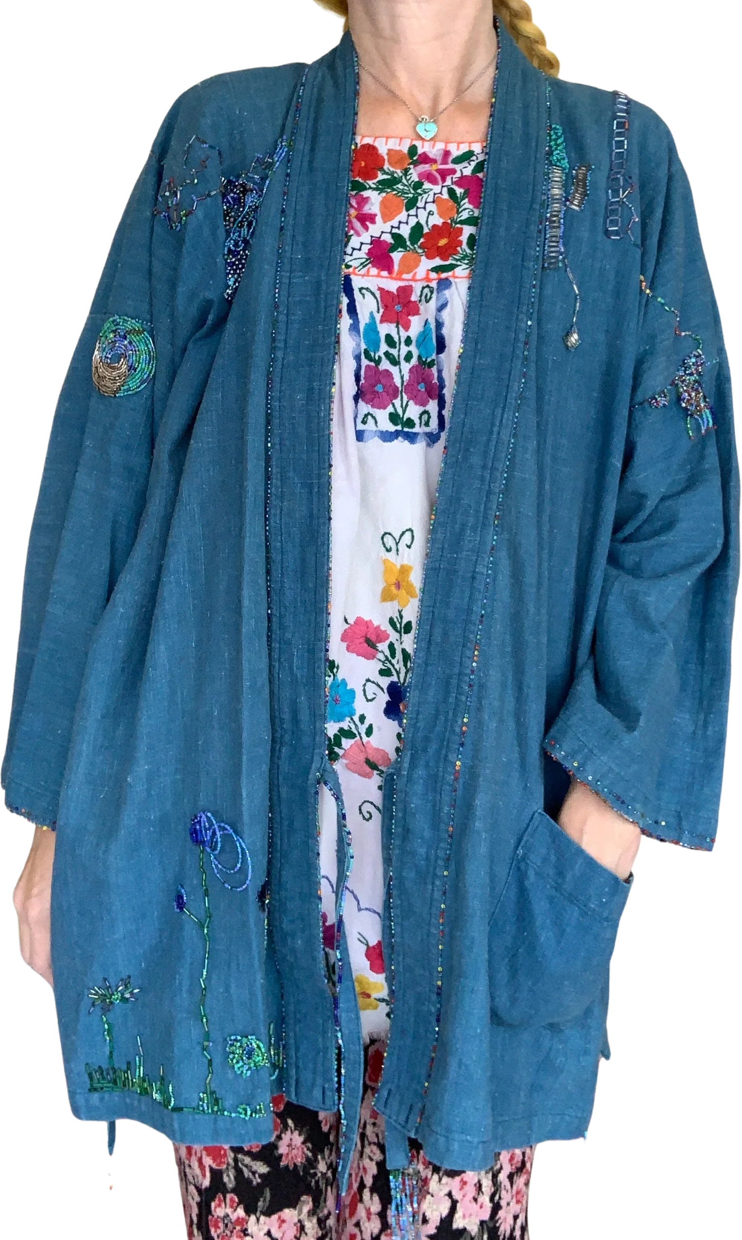 Vintage 70s Dreamy Beaded Chambray Denim Wrap Jacket Sz L / Xl