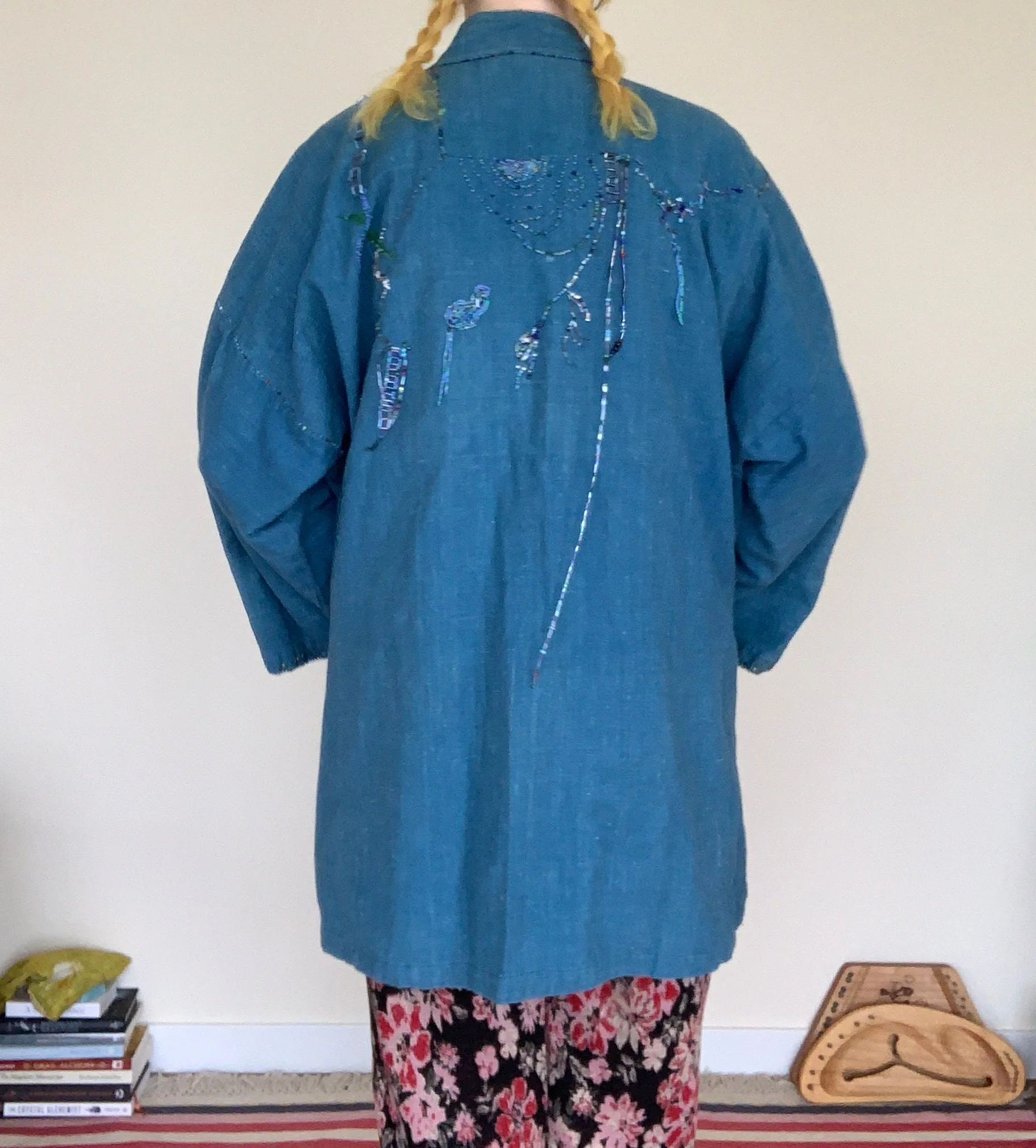 Vintage 70s Dreamy Beaded Chambray Denim Wrap Jacket Sz L / Xl - Image 2