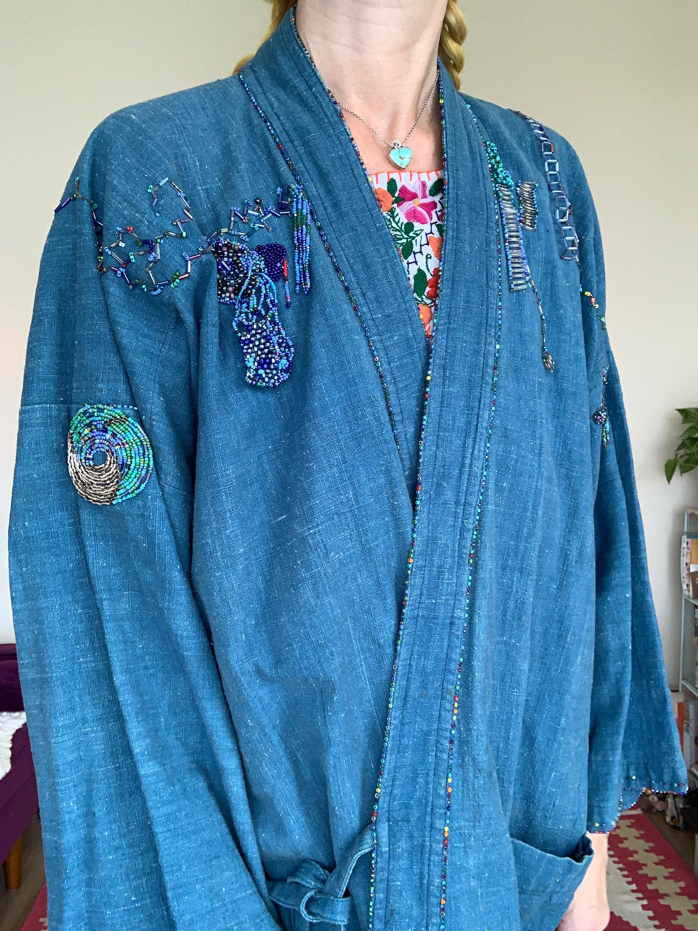 Vintage 70s Dreamy Beaded Chambray Denim Wrap Jacket Sz L / Xl - Image 3