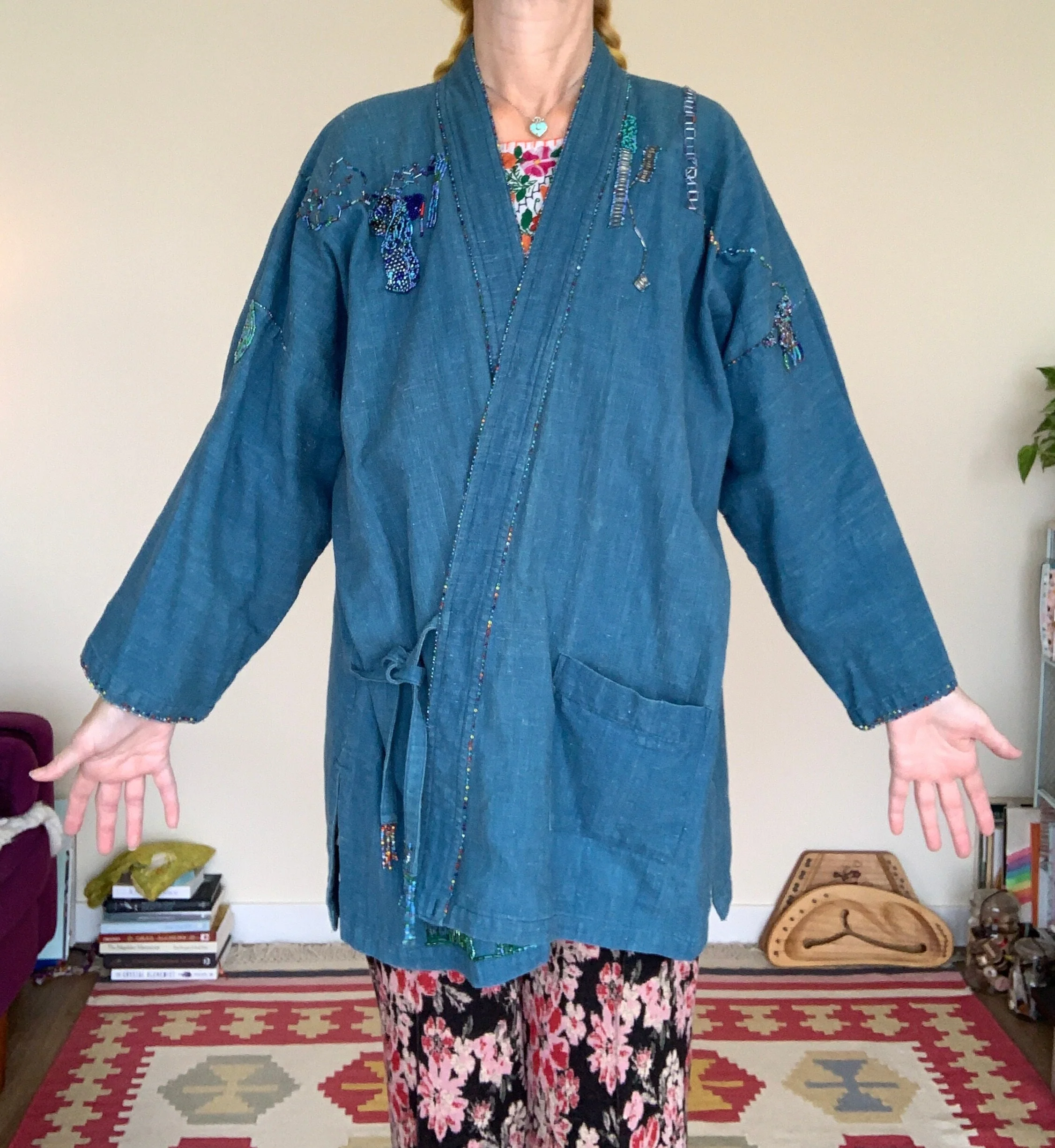 Vintage 70s Dreamy Beaded Chambray Denim Wrap Jacket Sz L / Xl - Image 4
