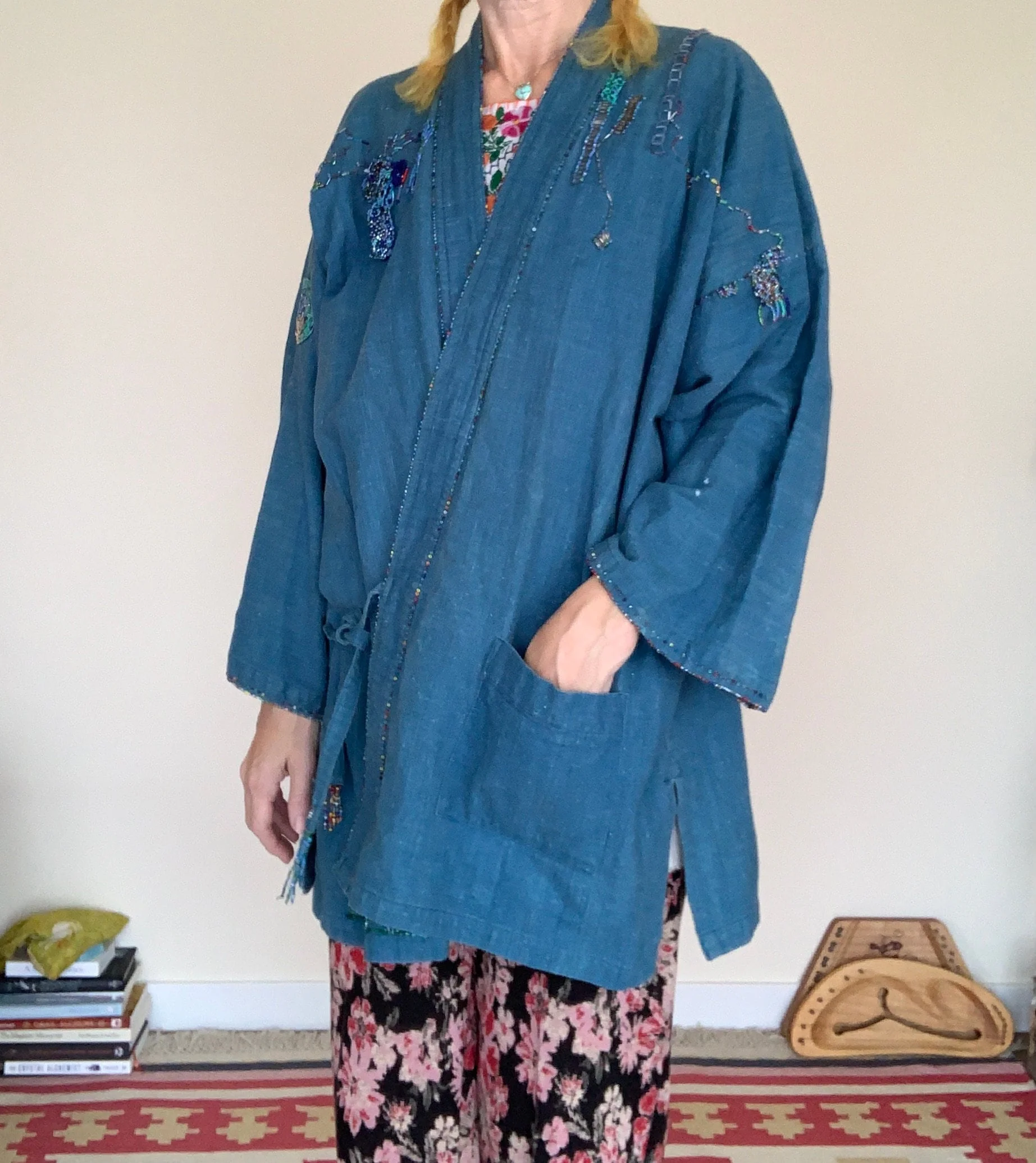 Vintage 70s Dreamy Beaded Chambray Denim Wrap Jacket Sz L / Xl - Image 5