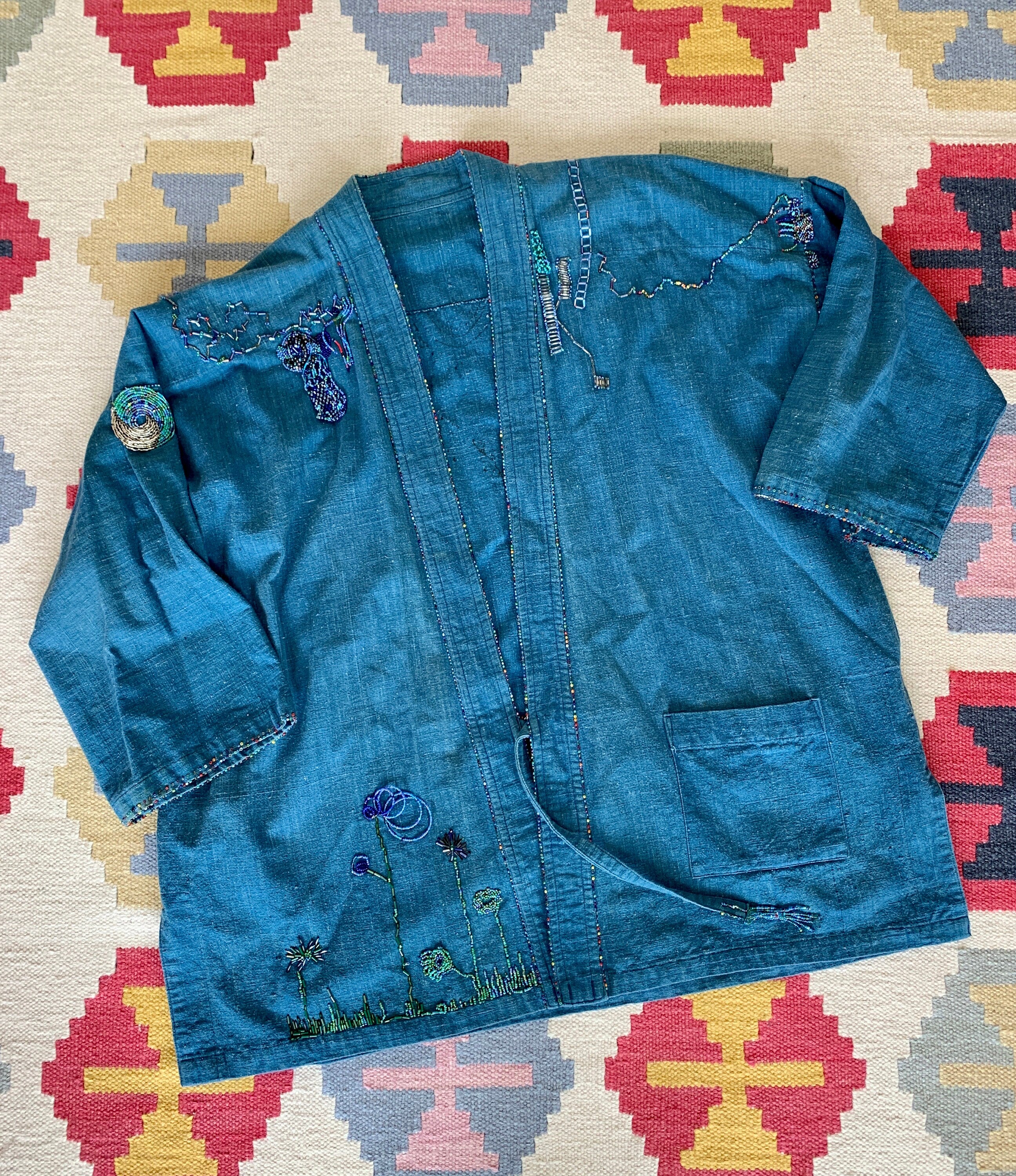Vintage 70s Dreamy Beaded Chambray Denim Wrap Jacket Sz L / Xl - Image 6