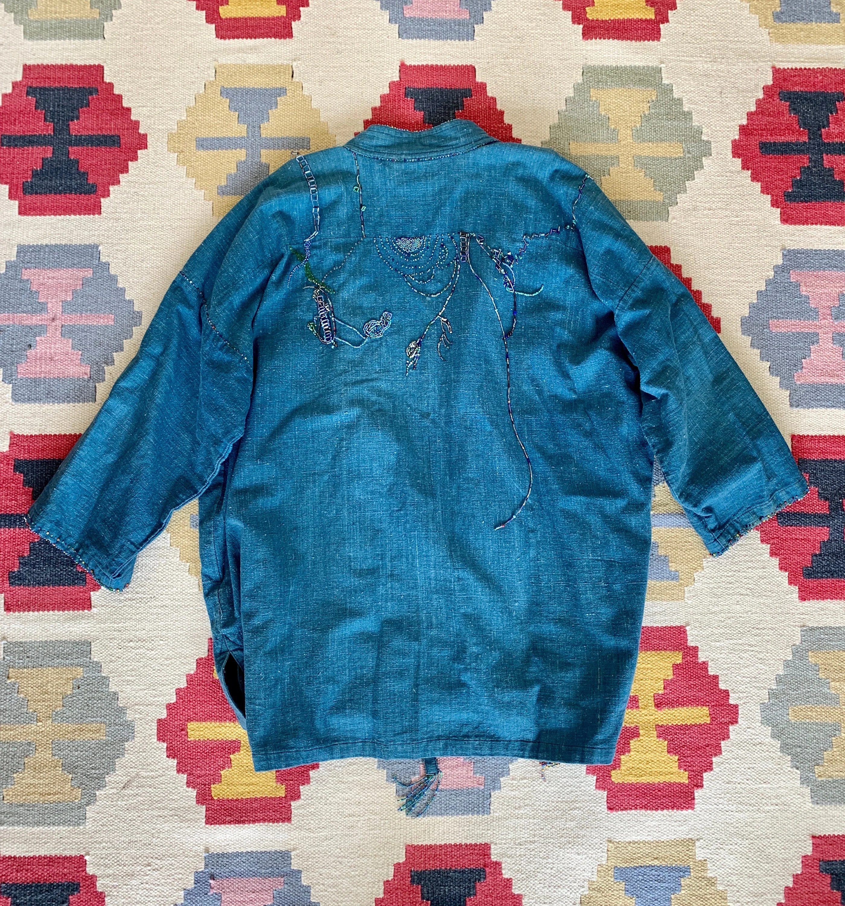 Vintage 70s Dreamy Beaded Chambray Denim Wrap Jacket Sz L / Xl - Image 7