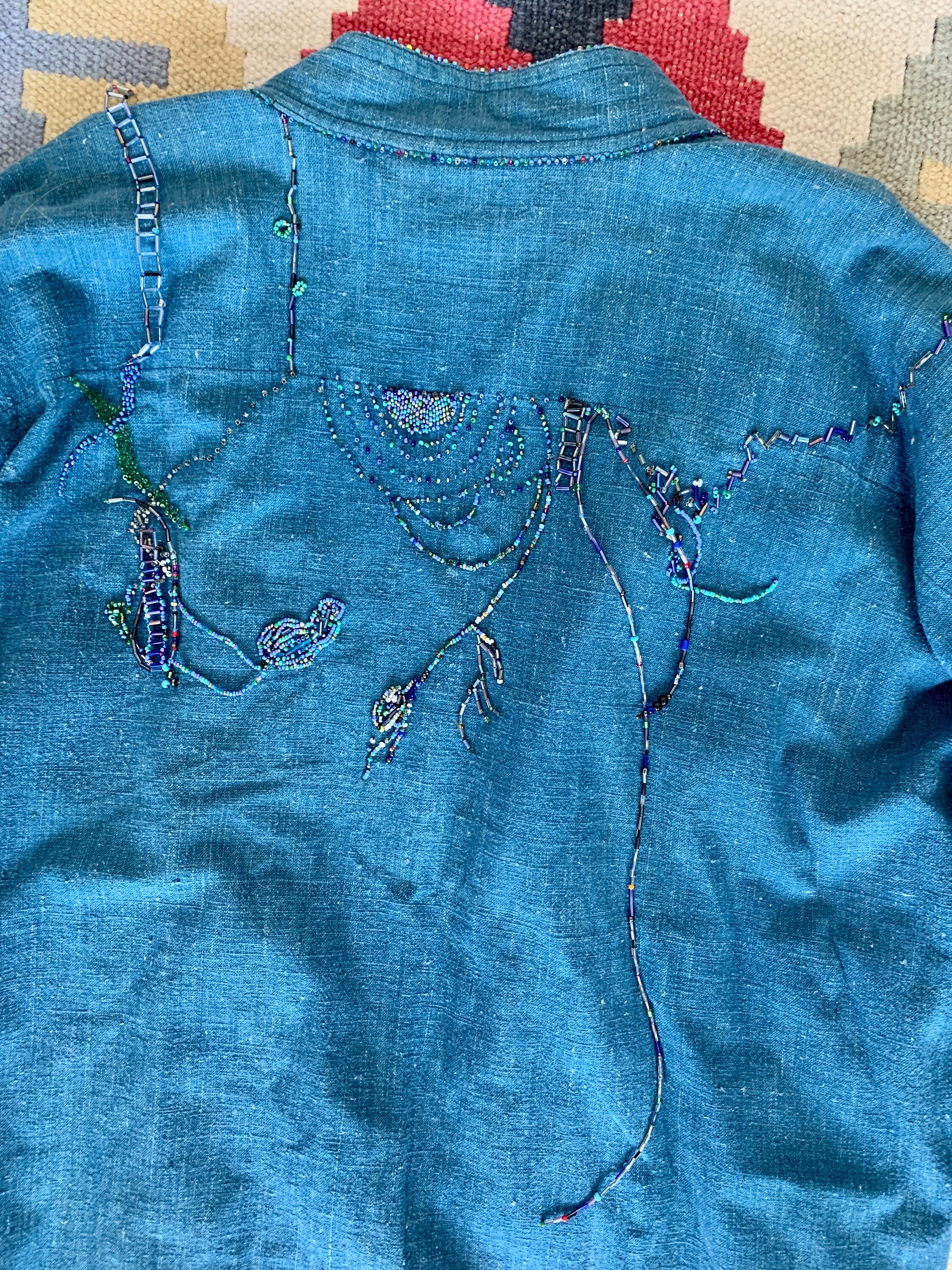 Vintage 70s Dreamy Beaded Chambray Denim Wrap Jacket Sz L / Xl - Image 8