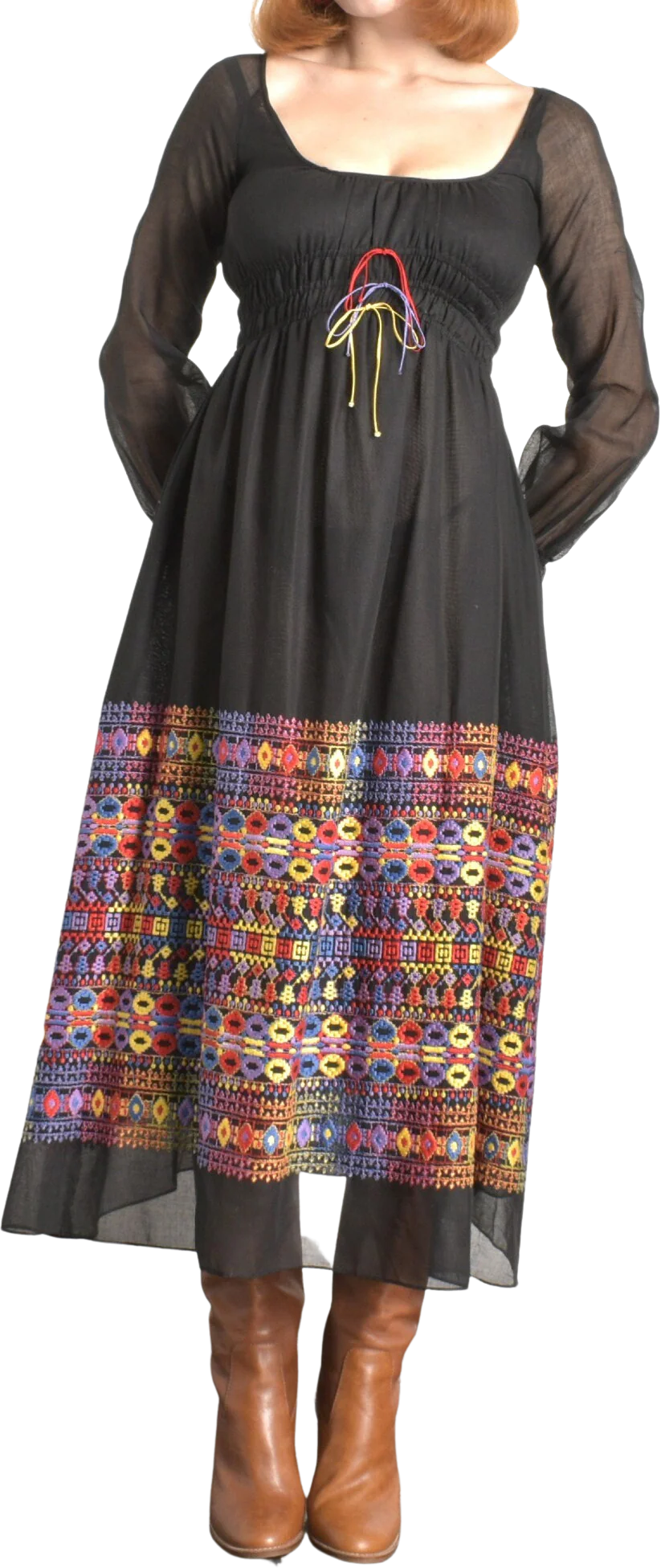 Vintage 70s Dress 70s Embroidered Cotton Maxi Dress Black Xs S