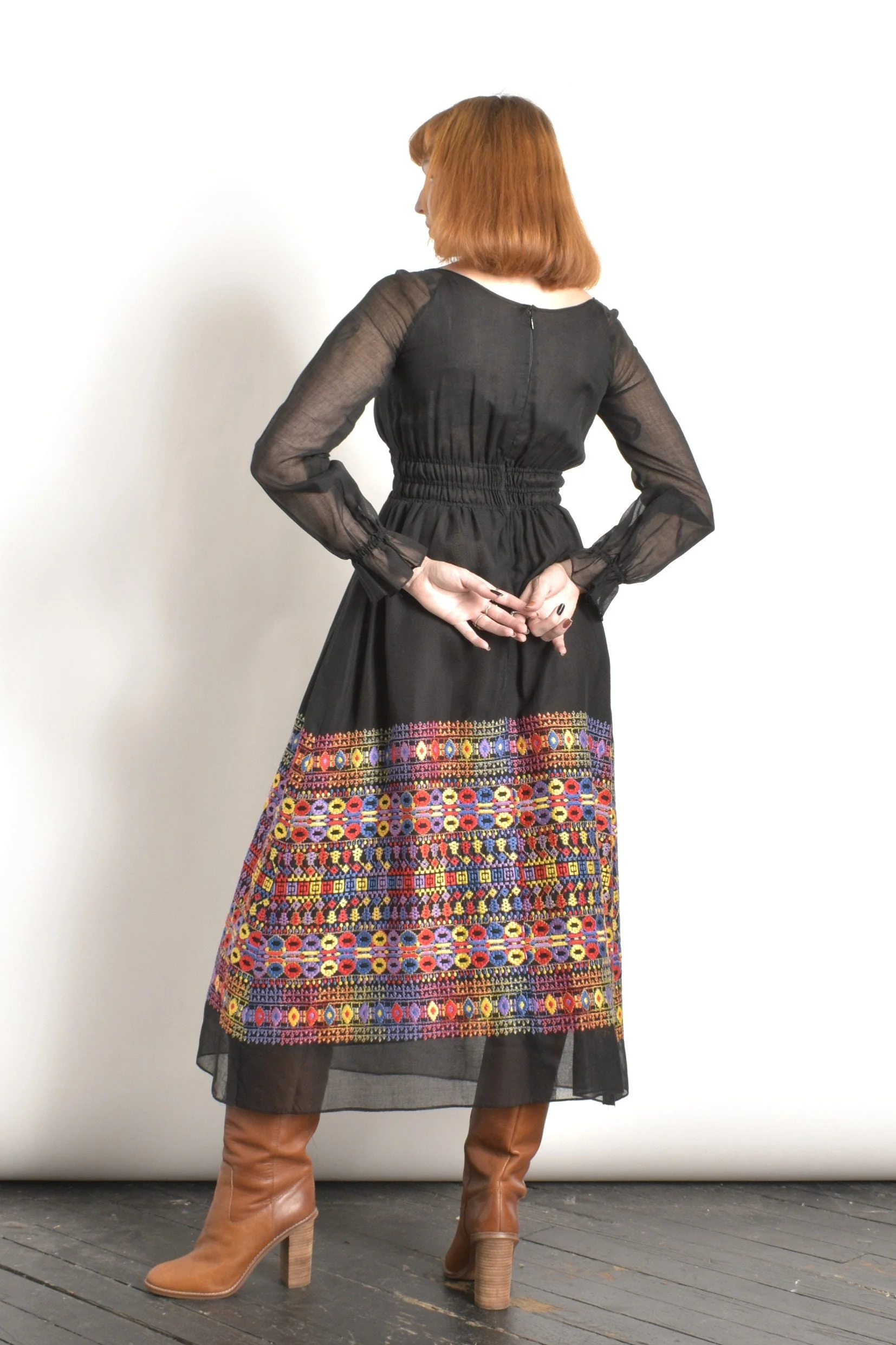 Vintage 70s Dress 70s Embroidered Cotton Maxi Dress Black Xs S - Image 6