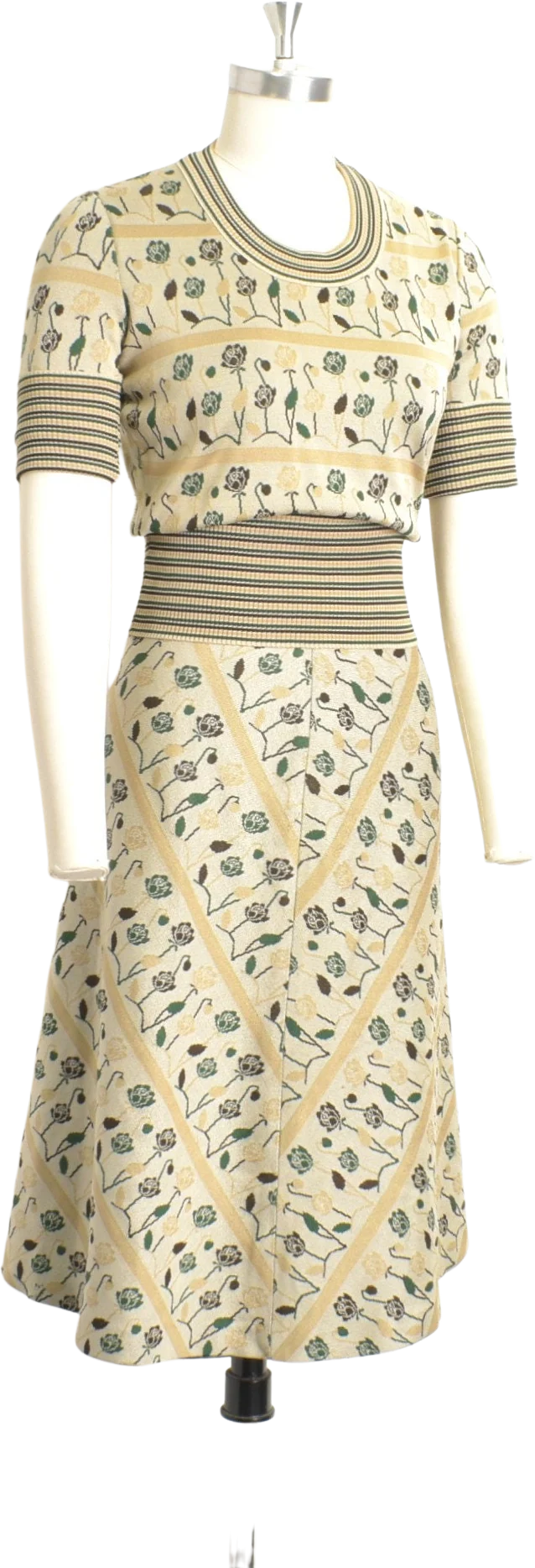 Vintage 70s Dress 70s Floral Print Knit Two Piece Skirt and Top Set Green Tan Small S - Image 3
