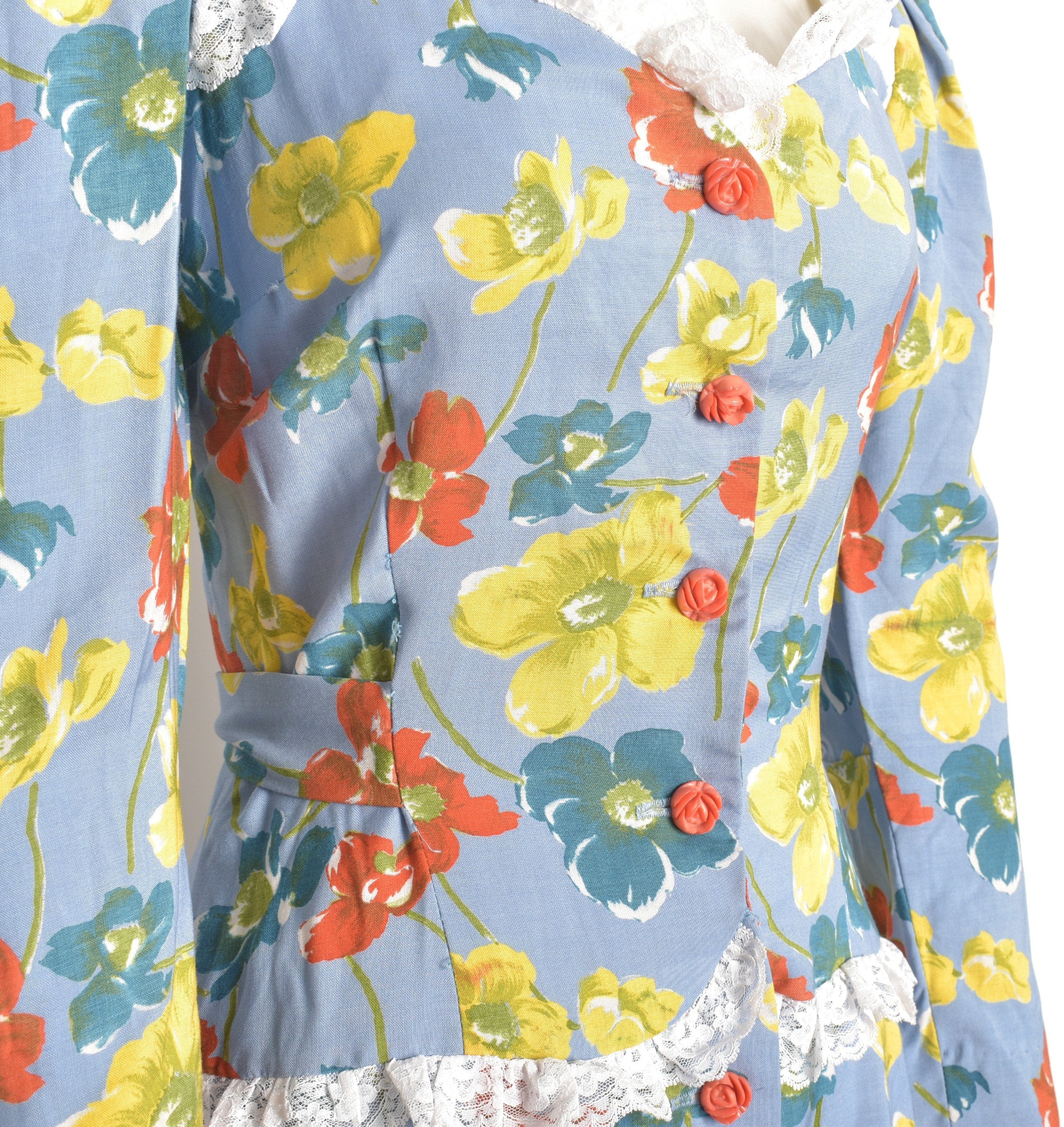 Vintage 70s Dress 70s Floral Print Rayon Dress with Rosette Buttons Blue Orange Medium M - Image 5