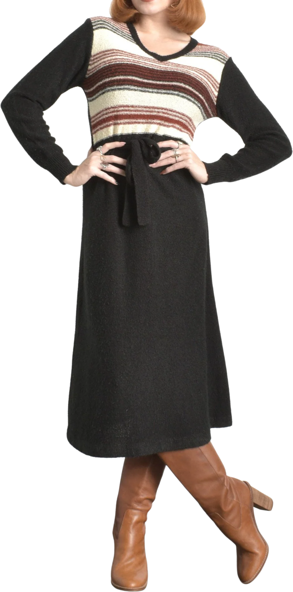 Vintage 70s Dress 70s Striped Knit Sweater Dress Black Brown White M L