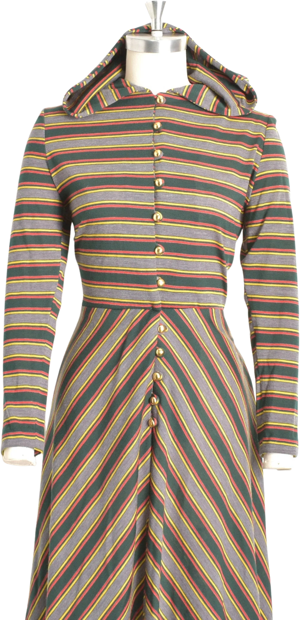 Vintage 70s Dress 70s Striped Wool Hooded Dress Green Gray Orange Medium M - Image 3