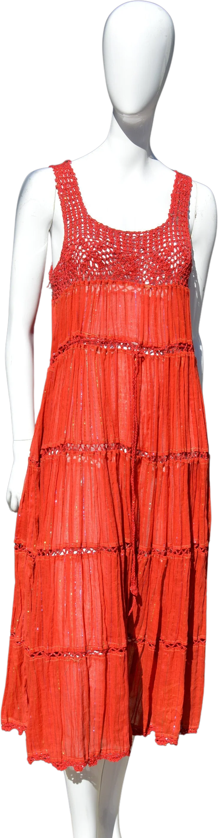 Vintage 70s Dress Crocheted Sundress Sheer Gauzy Cotton Metallic Rainbow Thread Sexy One Size Festival Dress