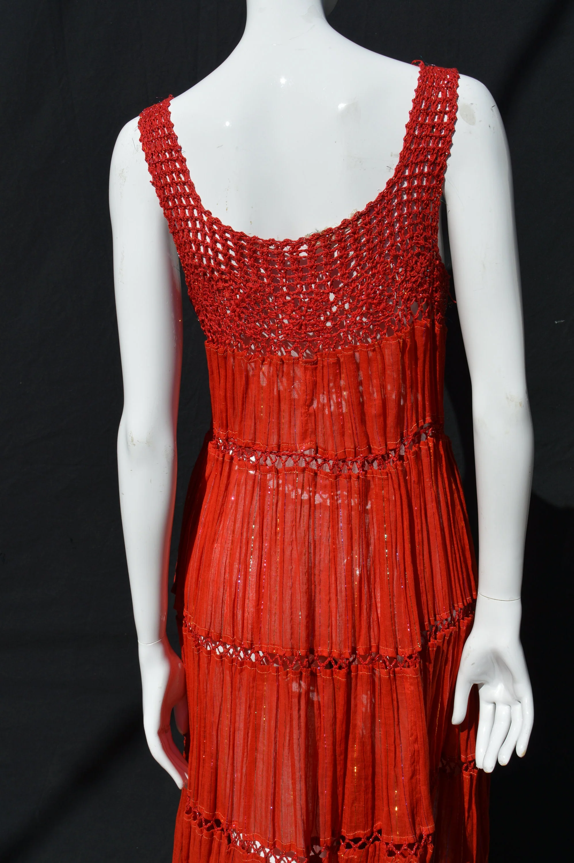 Vintage 70s Dress Crocheted Sundress Sheer Gauzy Cotton Metallic Rainbow Thread Sexy One Size Festival Dress - Image 10