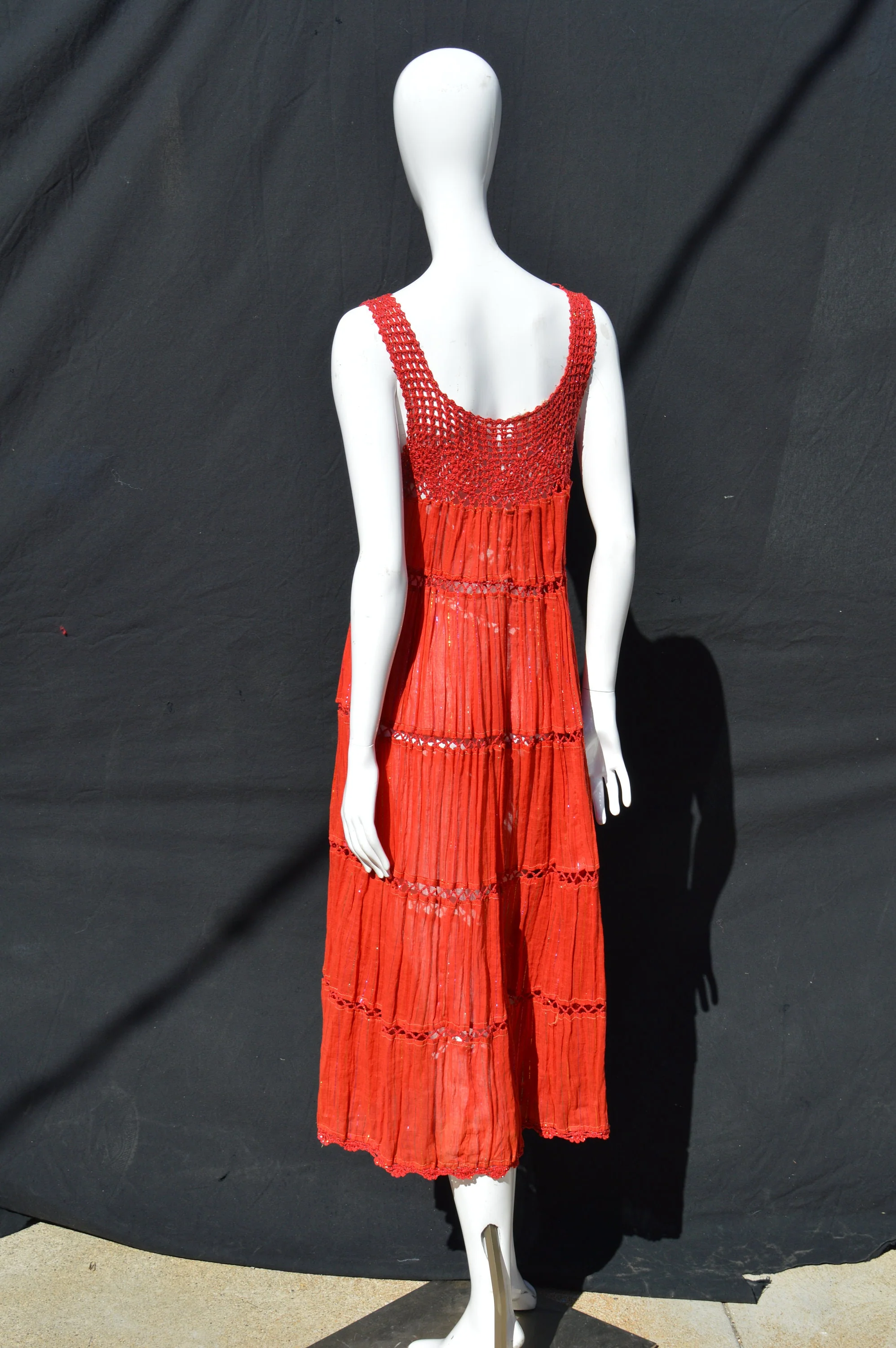 Vintage 70s Dress Crocheted Sundress Sheer Gauzy Cotton Metallic Rainbow Thread Sexy One Size Festival Dress - Image 3