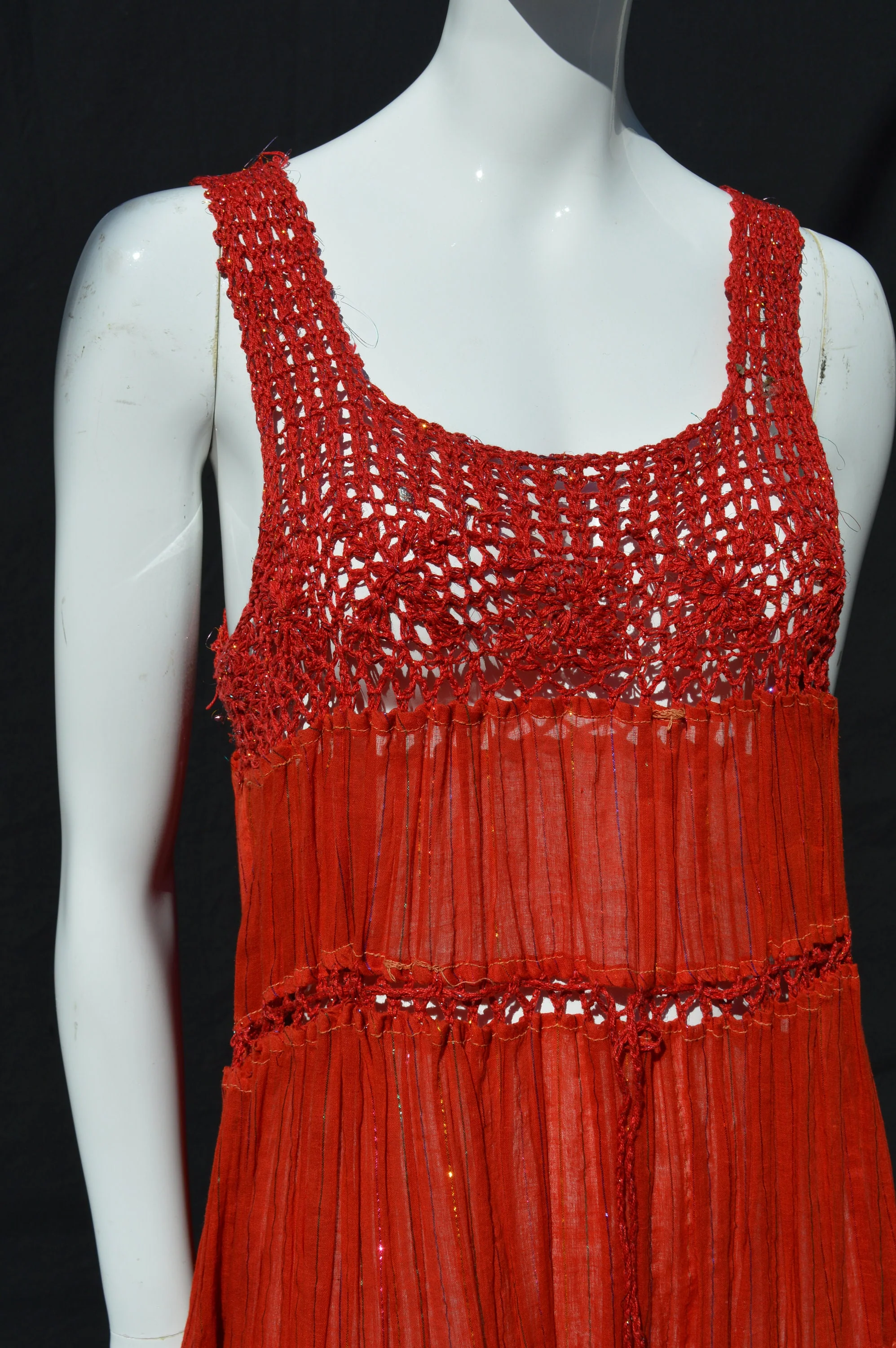 Vintage 70s Dress Crocheted Sundress Sheer Gauzy Cotton Metallic Rainbow Thread Sexy One Size Festival Dress - Image 6