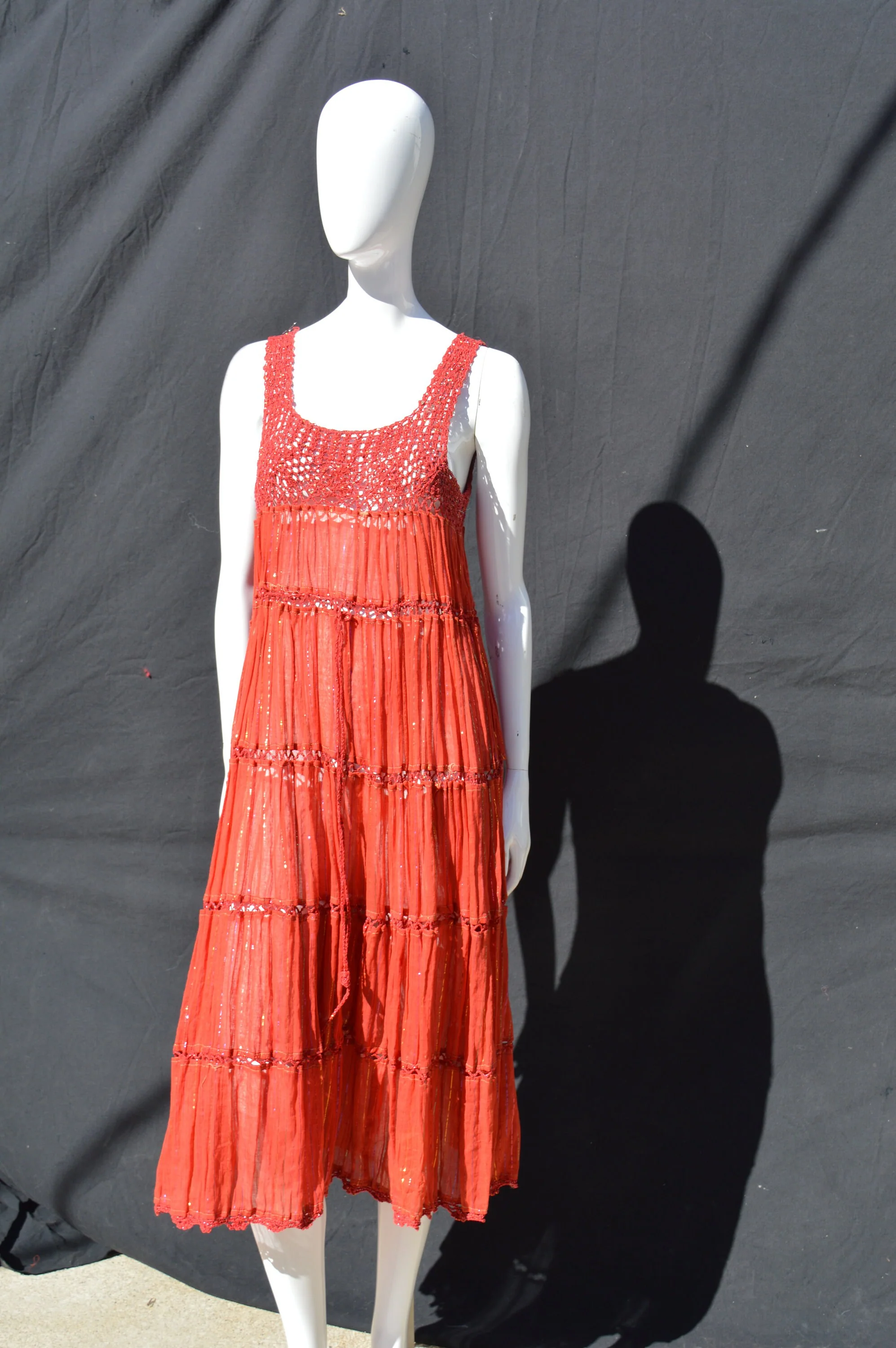 Vintage 70s Dress Crocheted Sundress Sheer Gauzy Cotton Metallic Rainbow Thread Sexy One Size Festival Dress - Image 7