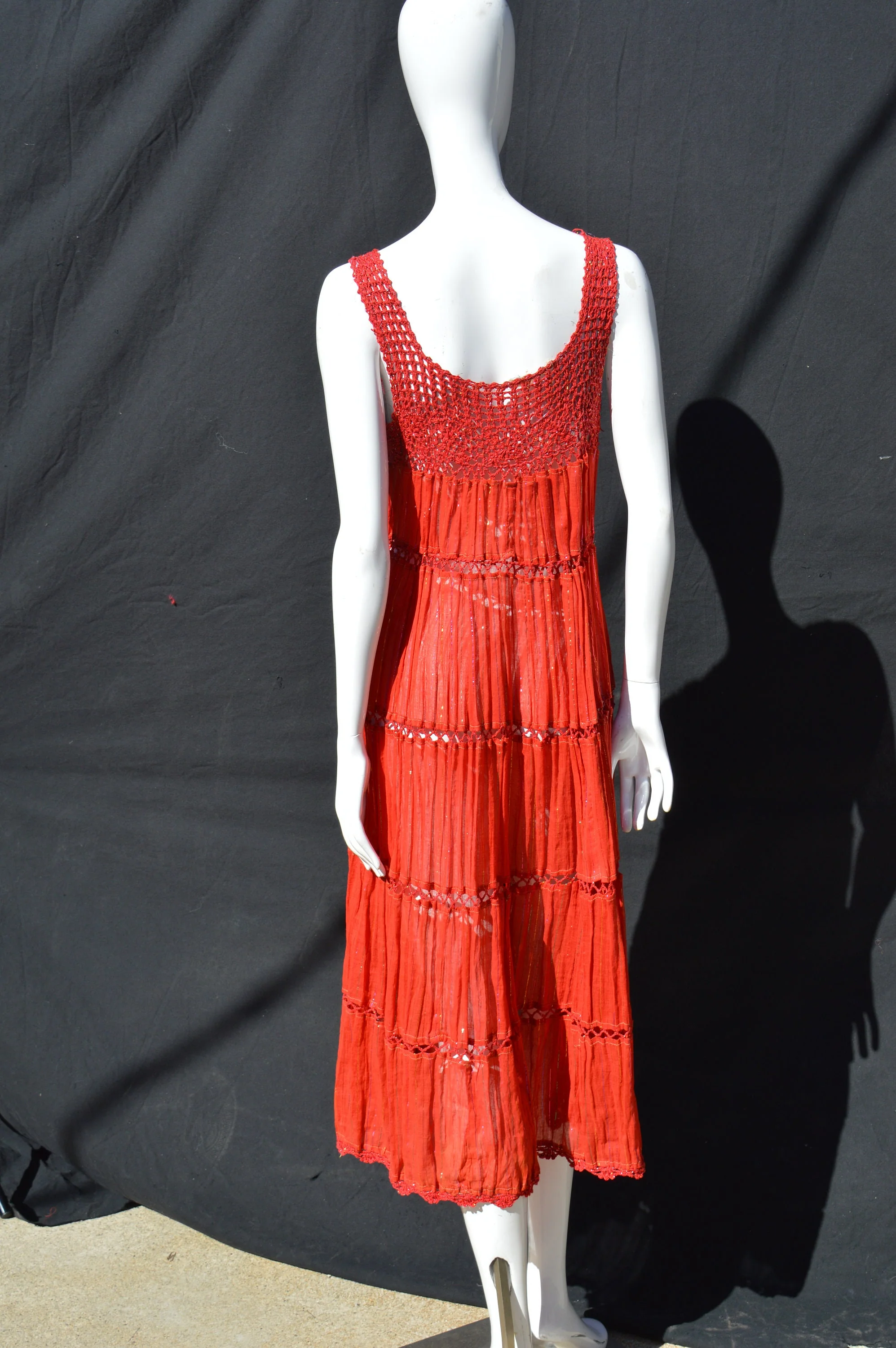Vintage 70s Dress Crocheted Sundress Sheer Gauzy Cotton Metallic Rainbow Thread Sexy One Size Festival Dress - Image 9