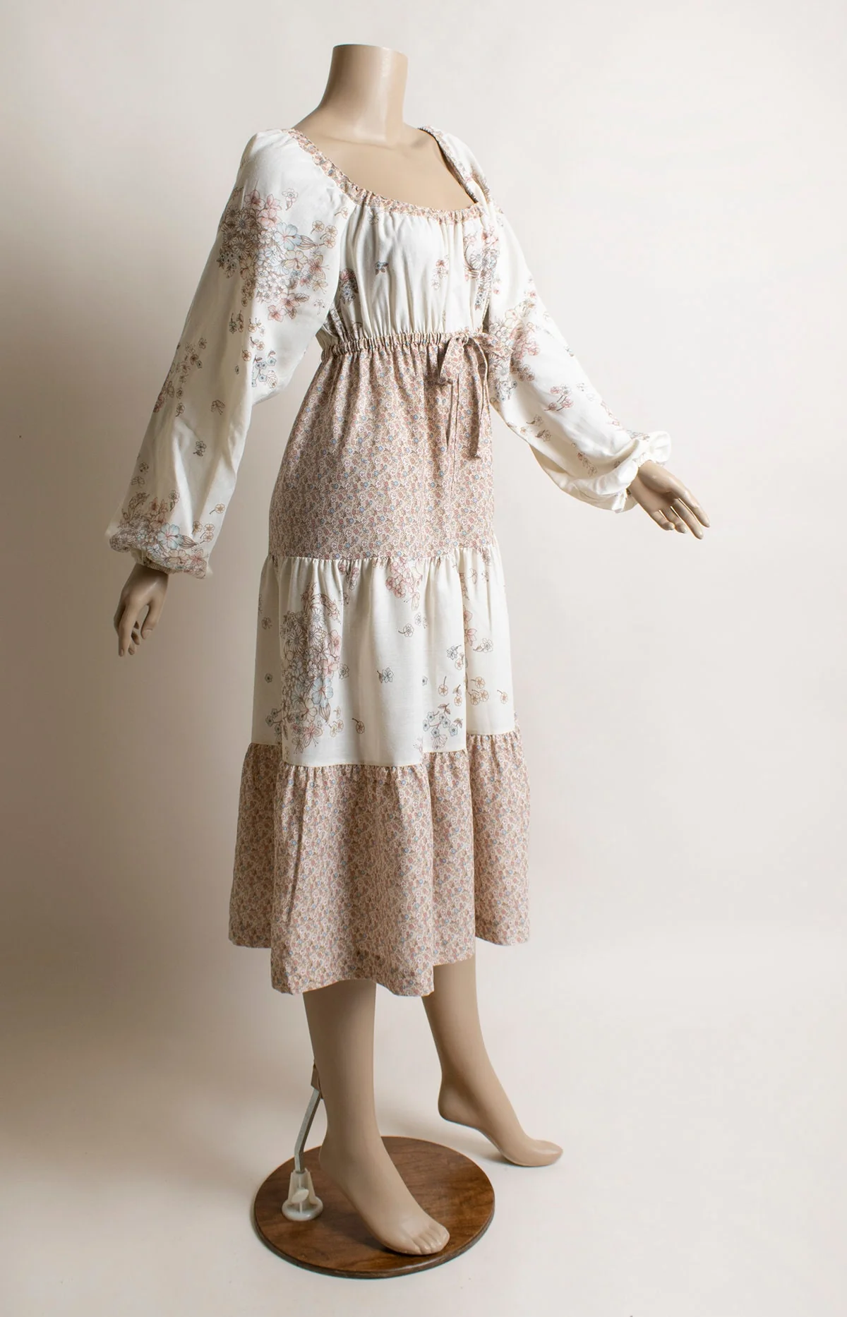 Vintage 70s Dress - Off The Shoulder Floral Cream Tiered Skirt Long Billowy Sleeves Pink Brown Tan Butterfly Print Small Medium by Shawn Originals - Image 3