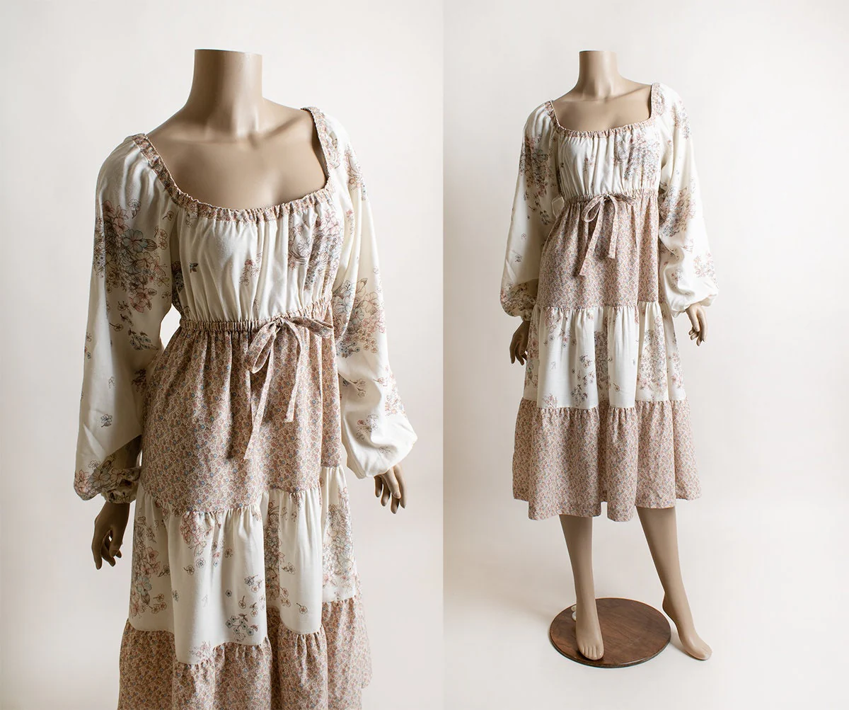 Vintage 70s Dress - Off The Shoulder Floral Cream Tiered Skirt Long Billowy Sleeves Pink Brown Tan Butterfly Print Small Medium by Shawn Originals - Image 4