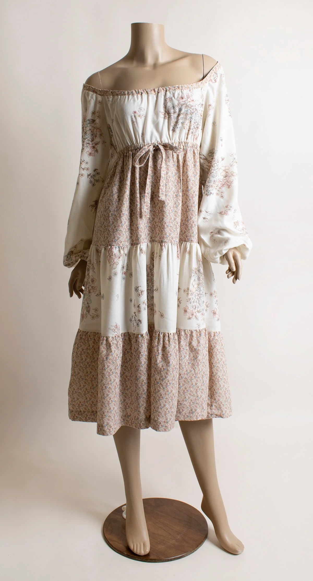 Vintage 70s Dress - Off The Shoulder Floral Cream Tiered Skirt Long Billowy Sleeves Pink Brown Tan Butterfly Print Small Medium by Shawn Originals - Image 6
