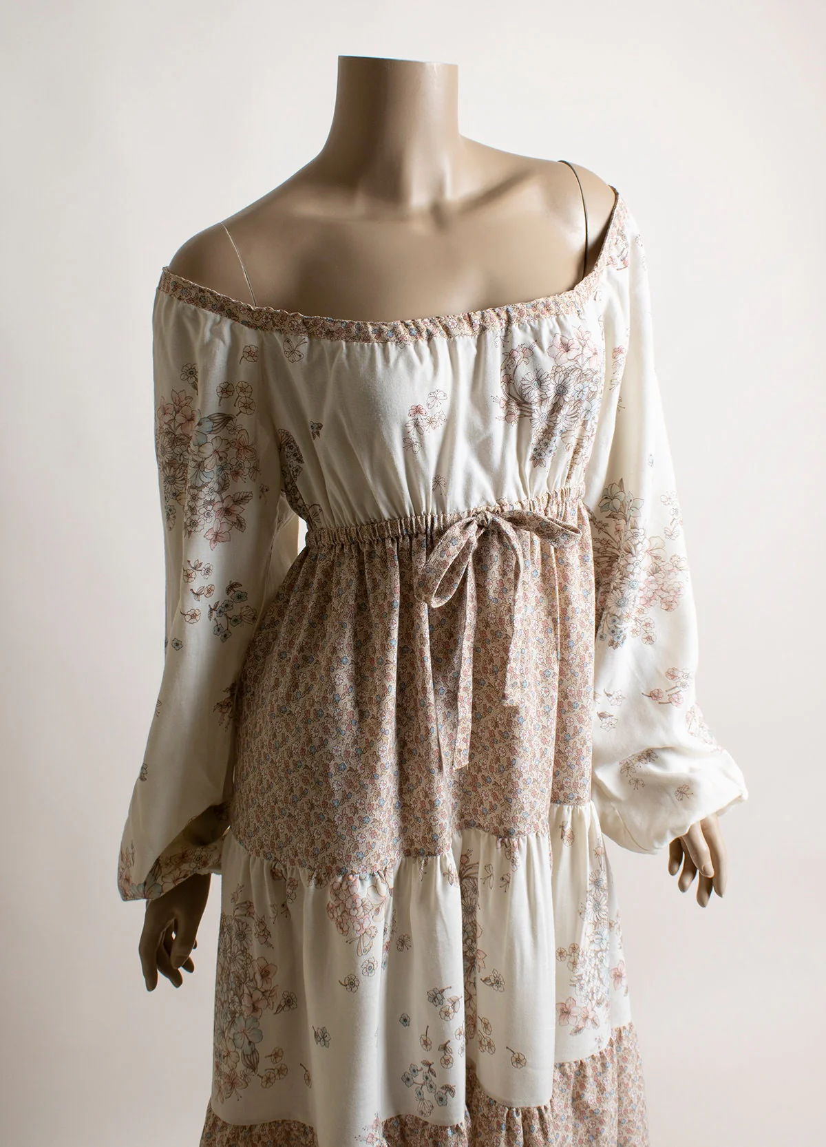 Vintage 70s Dress - Off The Shoulder Floral Cream Tiered Skirt Long Billowy Sleeves Pink Brown Tan Butterfly Print Small Medium by Shawn Originals - Image 7
