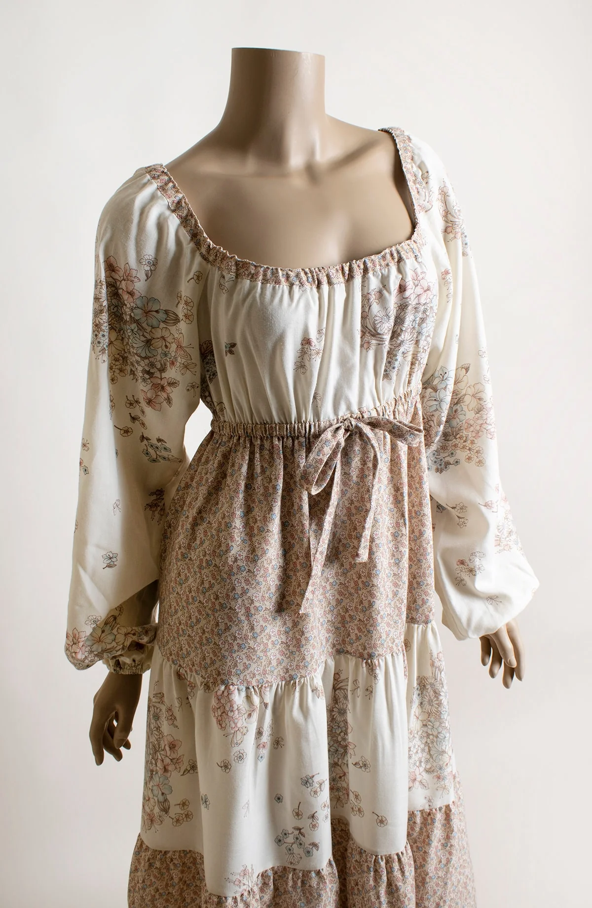 Vintage 70s Dress - Off The Shoulder Floral Cream Tiered Skirt Long Billowy Sleeves Pink Brown Tan Butterfly Print Small Medium by Shawn Originals - Image 8