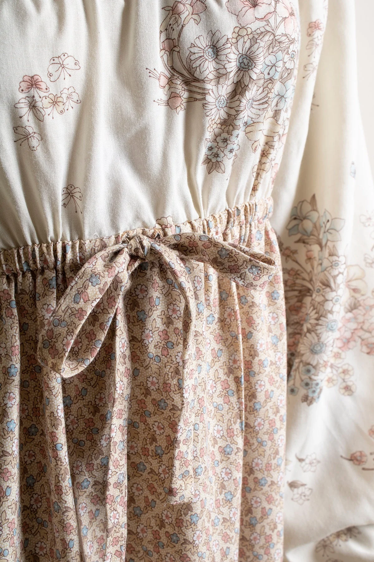 Vintage 70s Dress - Off The Shoulder Floral Cream Tiered Skirt Long Billowy Sleeves Pink Brown Tan Butterfly Print Small Medium by Shawn Originals - Image 9