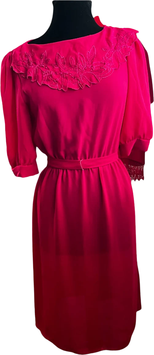 Vintage 70s Fall Magenta Pink Fuschia Lace Babydoll Quarter Length Sleeve Dress Small/ Med