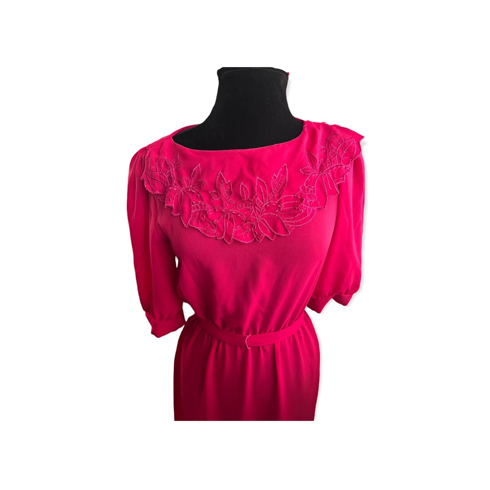 Vintage 70s Fall Magenta Pink Fuschia Lace Babydoll Quarter Length Sleeve Dress Small/ Med - Image 3