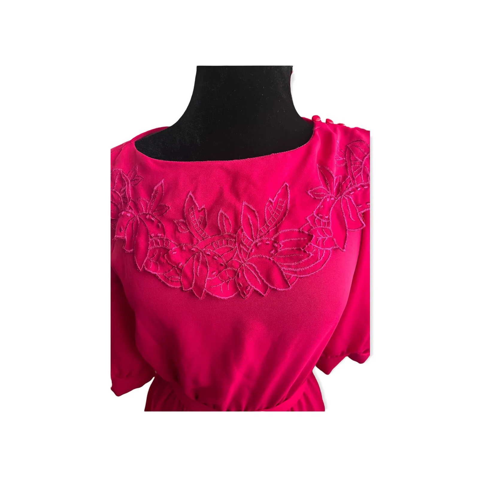 Vintage 70s Fall Magenta Pink Fuschia Lace Babydoll Quarter Length Sleeve Dress Small/ Med - Image 4