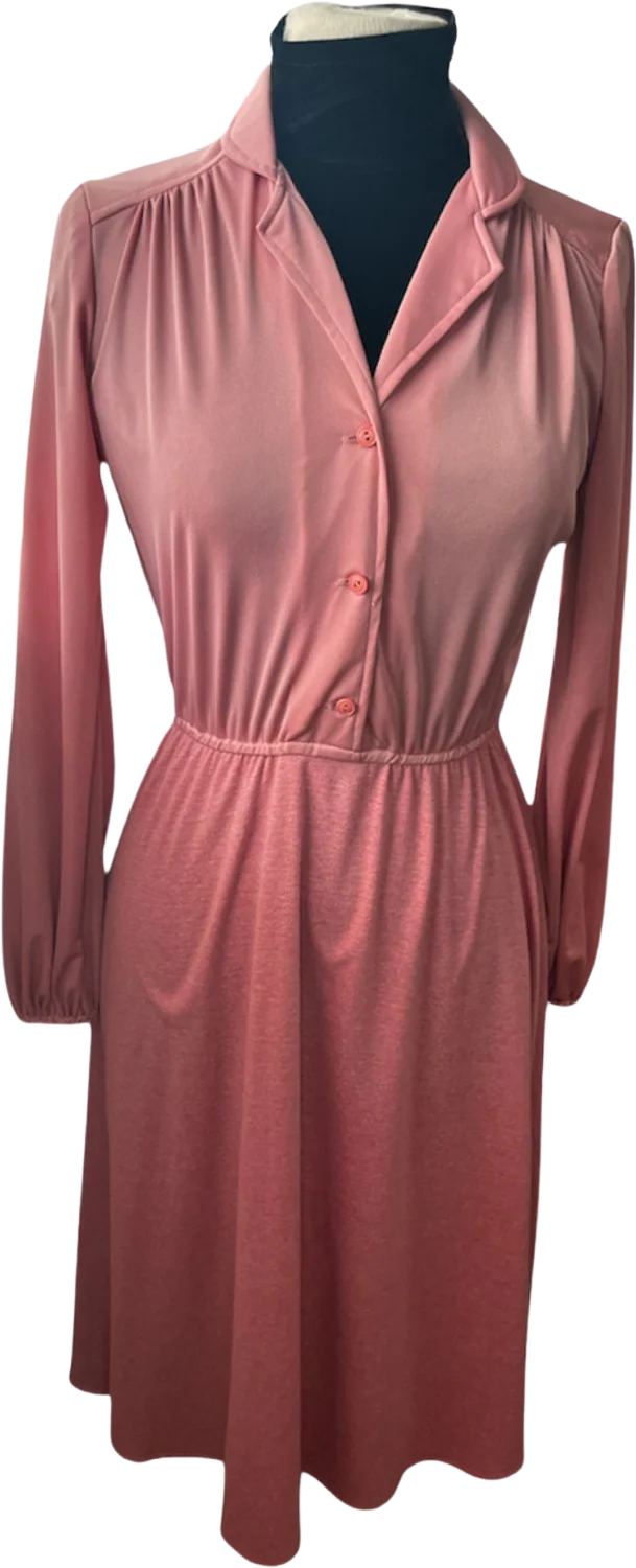 Vintage 70s Fall Mauve Pink Blush Long Sleeve Midi Dress Size Med L by Trolley Car