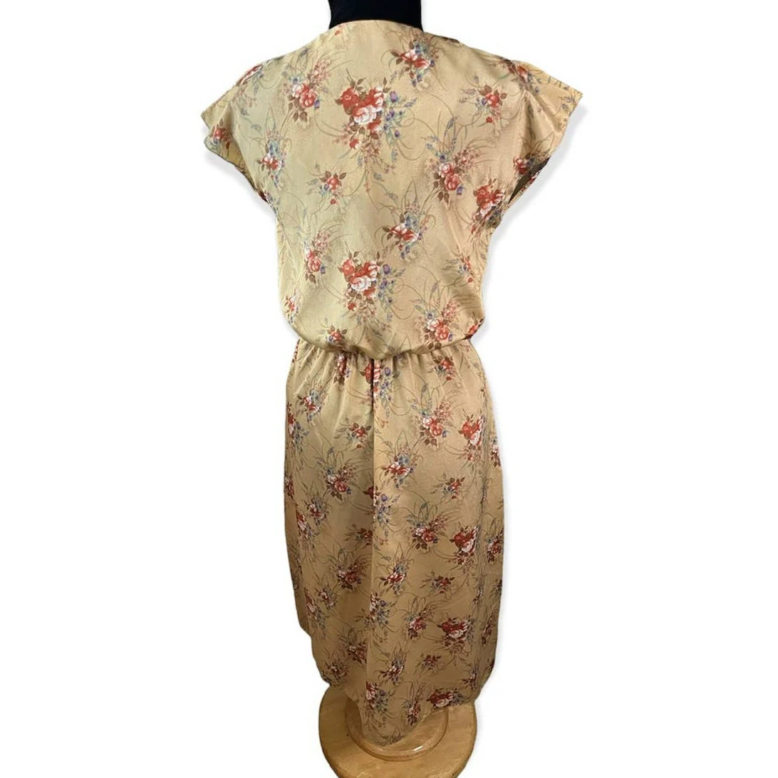 Vintage 70s Fall Tan Nude Floral V-Neck Faux Wrap Ruffle Dress Med L by Joy Stevens - Image 2