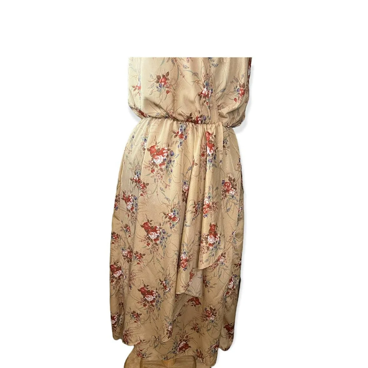 Vintage 70s Fall Tan Nude Floral V-Neck Faux Wrap Ruffle Dress Med L by Joy Stevens - Image 3