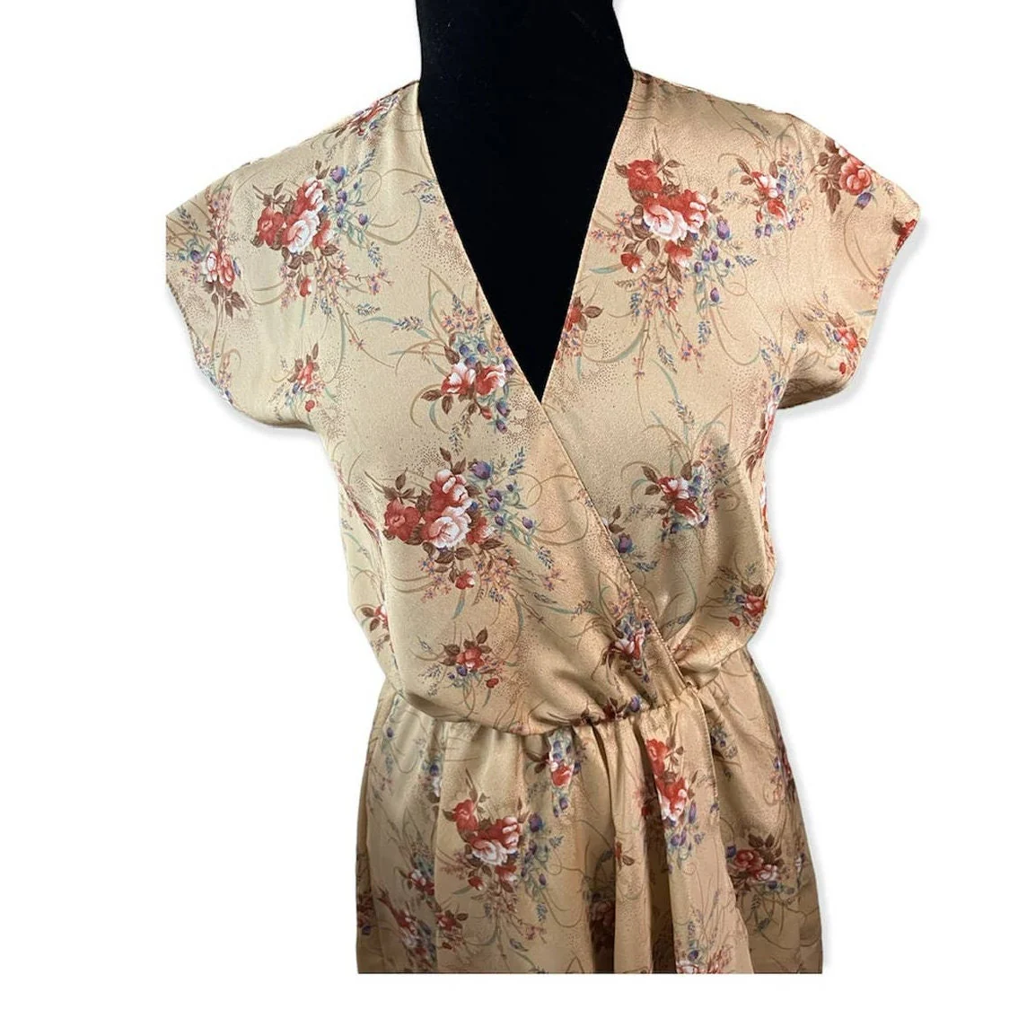 Vintage 70s Fall Tan Nude Floral V-Neck Faux Wrap Ruffle Dress Med L by Joy Stevens - Image 4