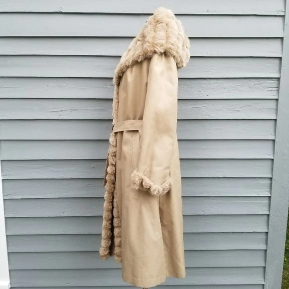 Vintage 70s Faux Fur Hooded Cotton Blend Belted Trench Coat Lg by Smug - Image 2