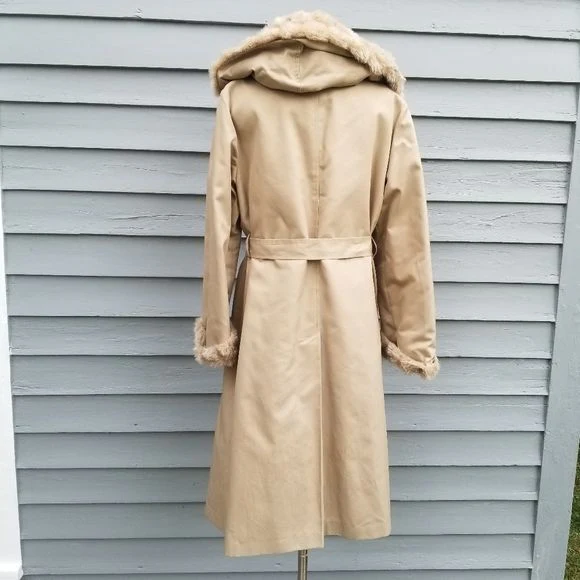 Vintage 70s Faux Fur Hooded Cotton Blend Belted Trench Coat Lg by Smug - Image 3