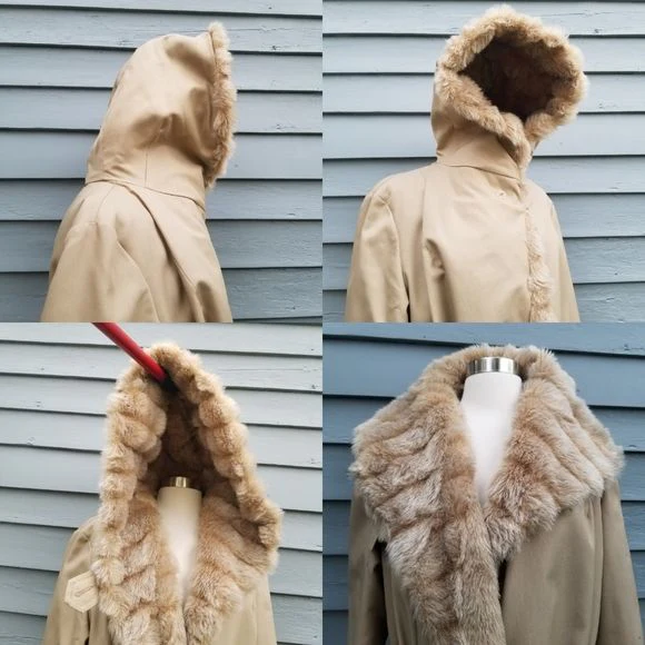Vintage 70s Faux Fur Hooded Cotton Blend Belted Trench Coat Lg by Smug - Image 8