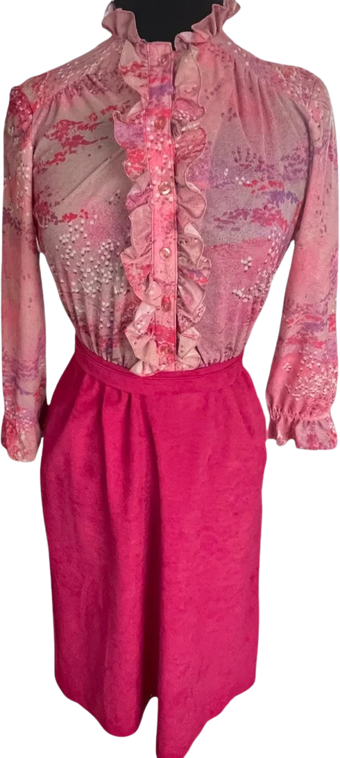 Vintage 70s Floral Abstract Ruffle Suede Dress 8 Small/med Fall Work by Amy Deb
