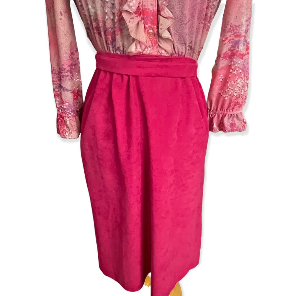 Vintage 70s Floral Abstract Ruffle Suede Dress 8 Small/med Fall Work by Amy Deb - Image 3
