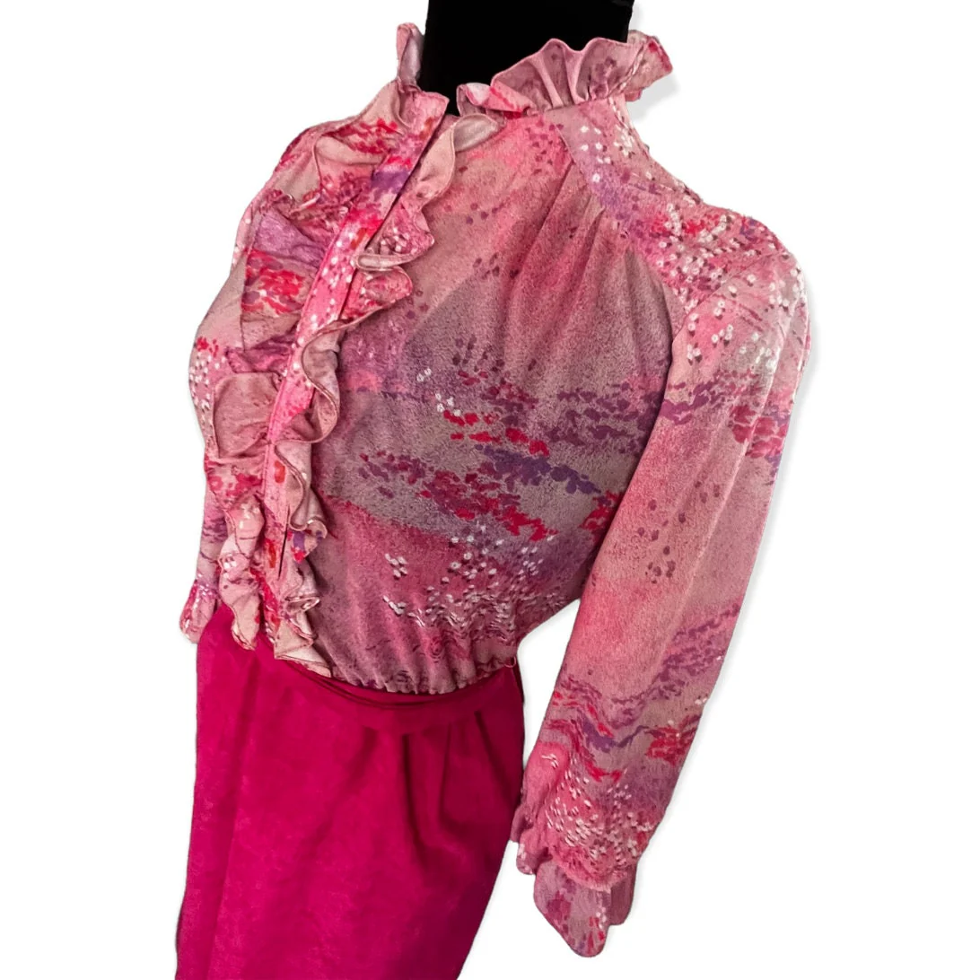 Vintage 70s Floral Abstract Ruffle Suede Dress 8 Small/med Fall Work by Amy Deb - Image 4