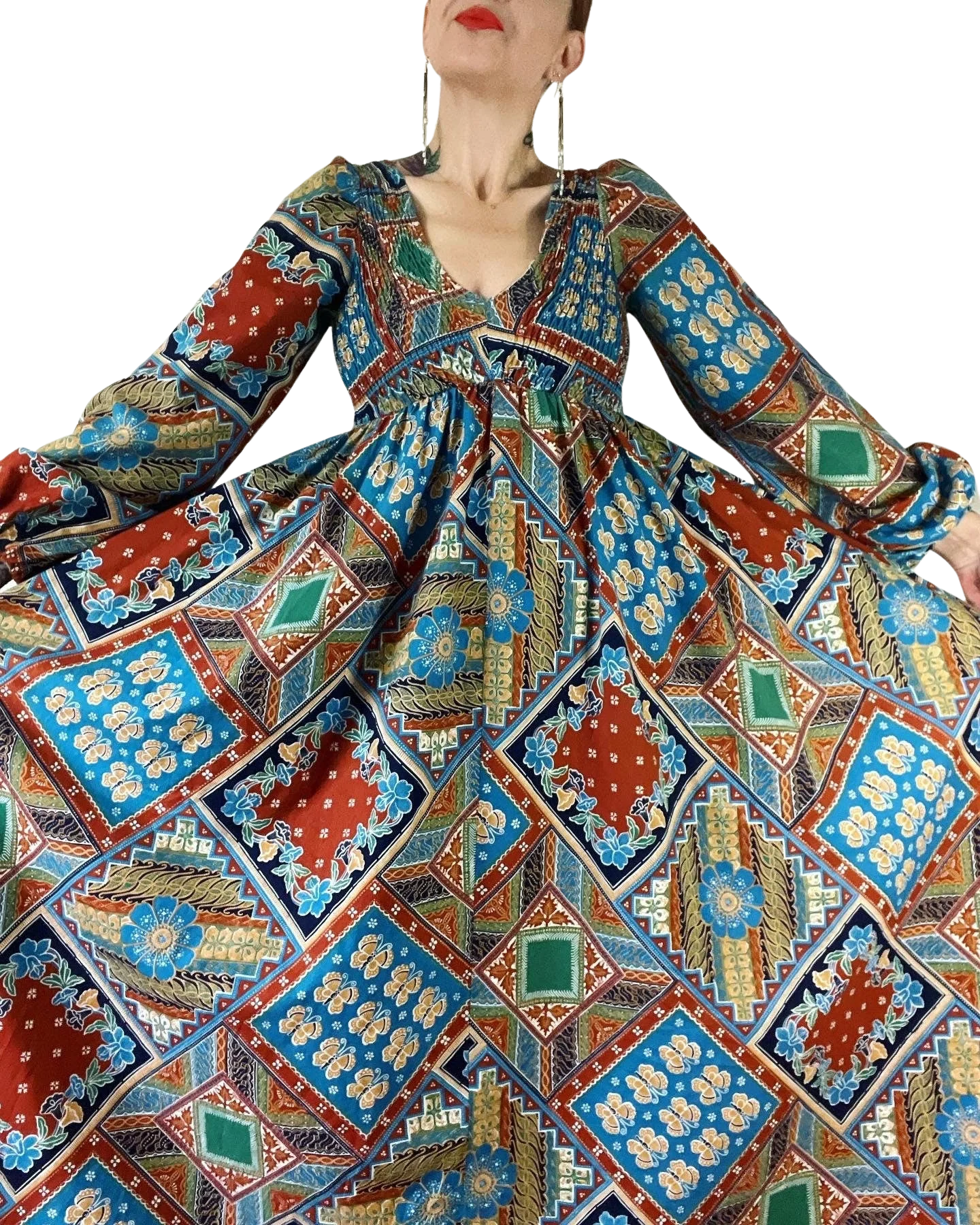 Vintage 70s Floral and Butterfly Patchwork Mosaic Print Cotton Maxi Dress by Denise L
