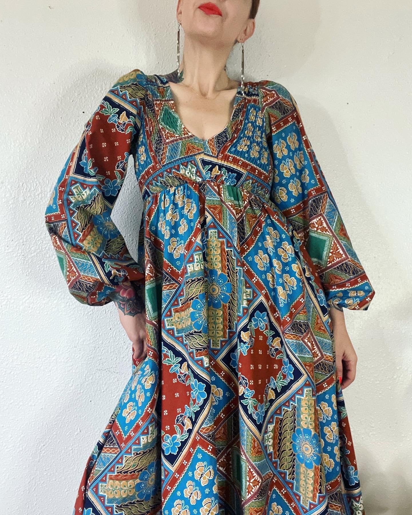 Vintage 70s Floral and Butterfly Patchwork Mosaic Print Cotton Maxi Dress by Denise L - Image 3