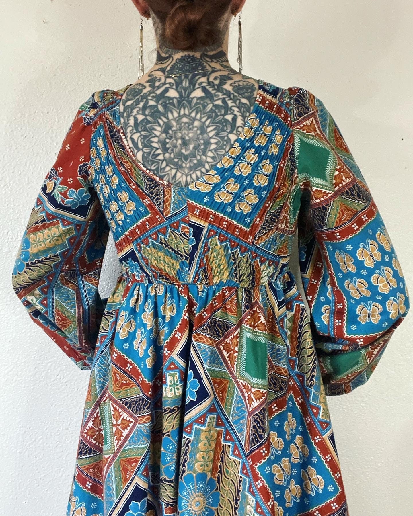 Vintage 70s Floral and Butterfly Patchwork Mosaic Print Cotton Maxi Dress by Denise L - Image 4