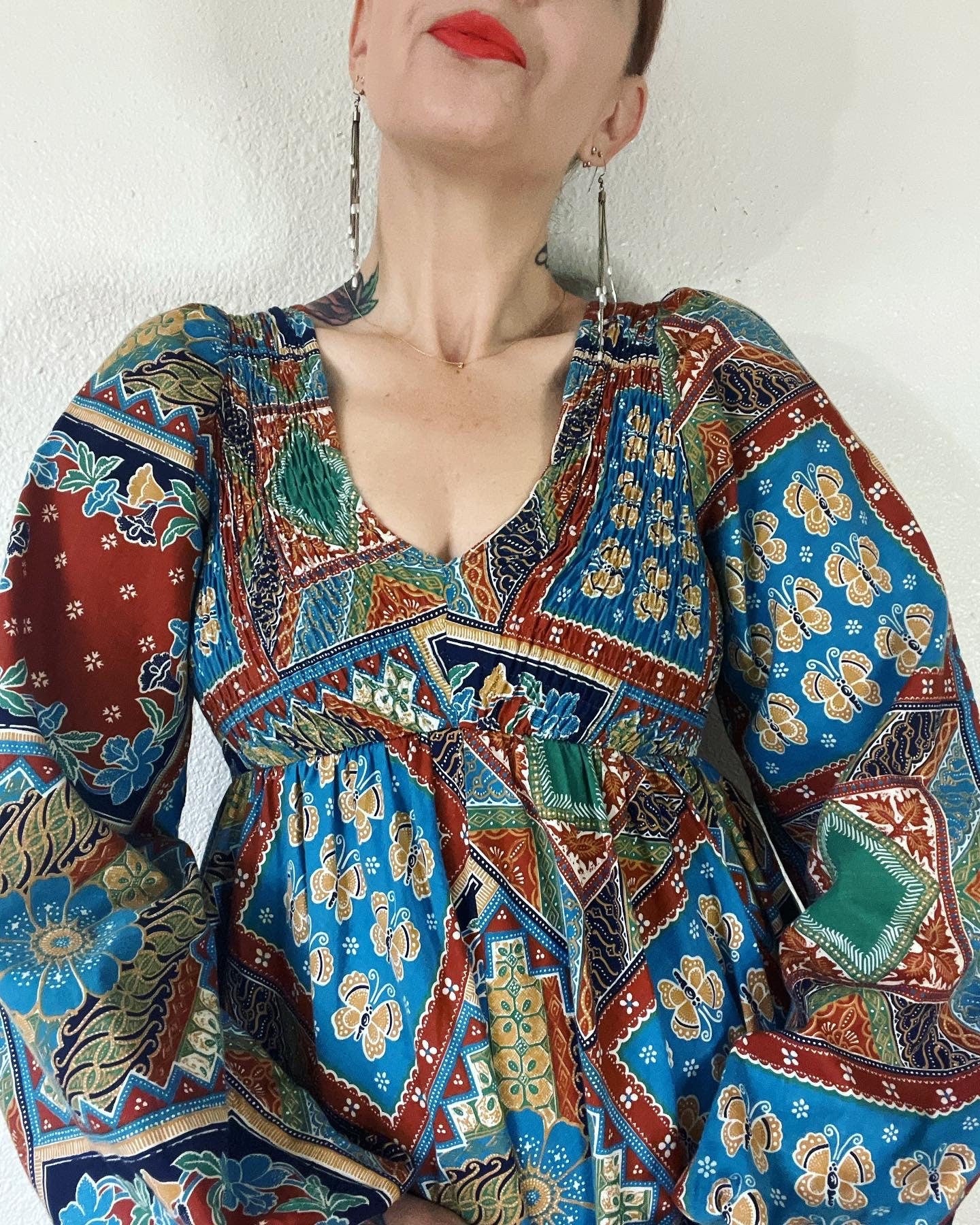 Vintage 70s Floral and Butterfly Patchwork Mosaic Print Cotton Maxi Dress by Denise L - Image 5