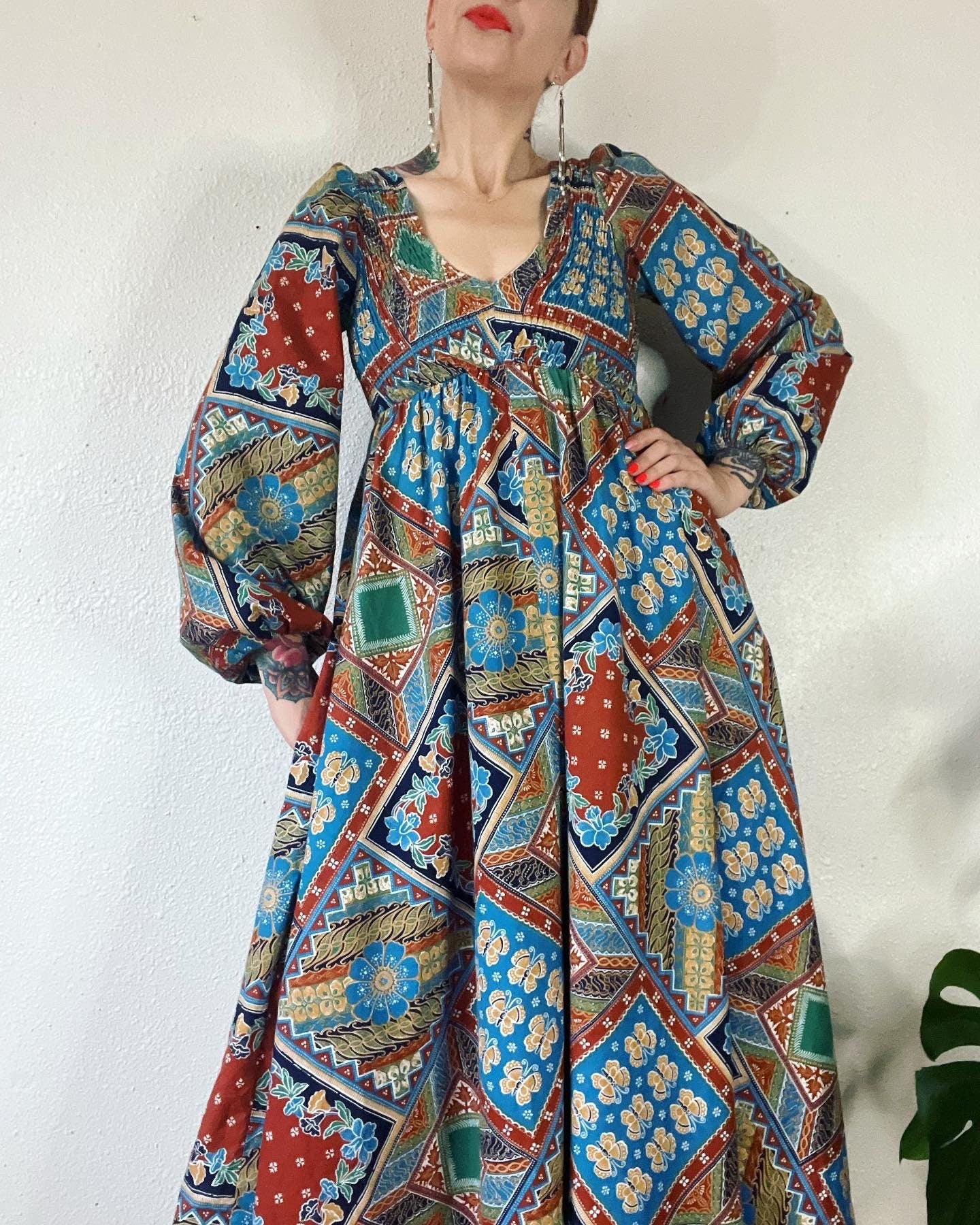 Vintage 70s Floral and Butterfly Patchwork Mosaic Print Cotton Maxi Dress by Denise L - Image 6