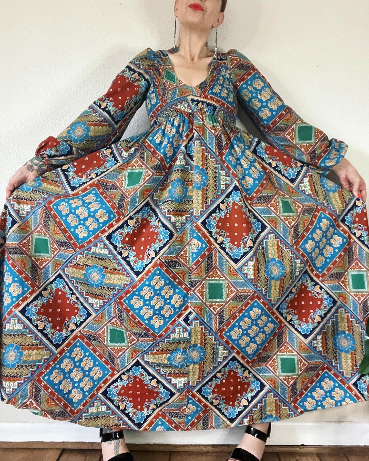Vintage 70s Floral and Butterfly Patchwork Mosaic Print Cotton Maxi Dress by Denise L - Image 7