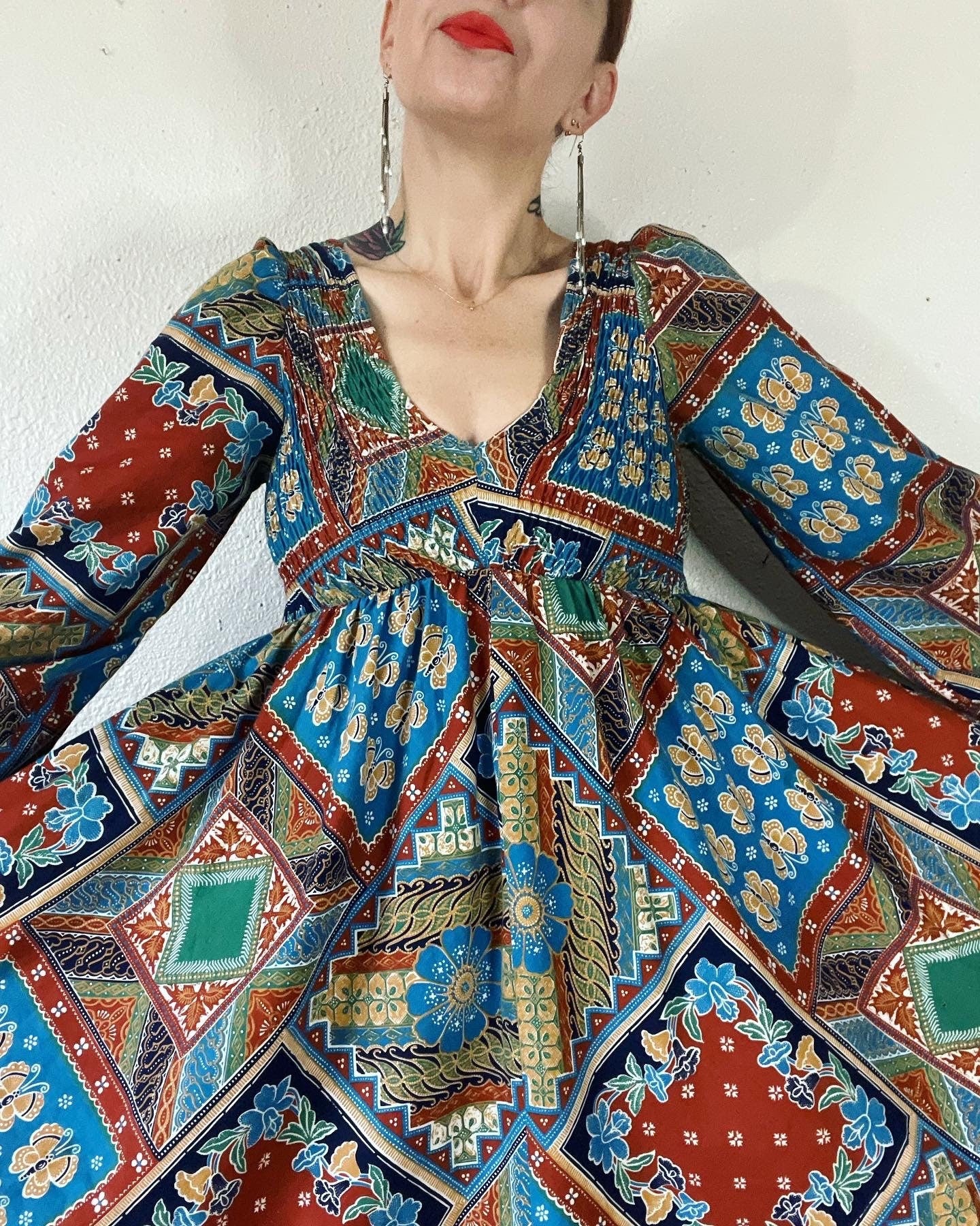 Vintage 70s Floral and Butterfly Patchwork Mosaic Print Cotton Maxi Dress by Denise L - Image 8