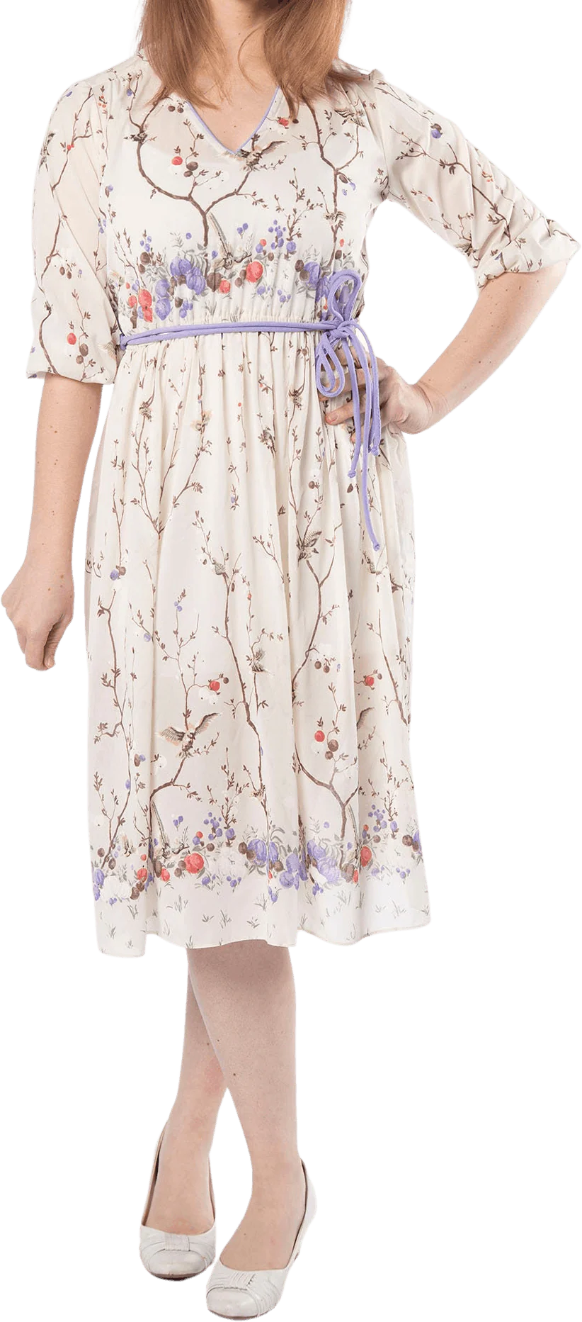 Vintage 70s Floral Dress - Sheer Ivory White and Lavender Flower Berries and Bird Print Day Dress - Spring - Small