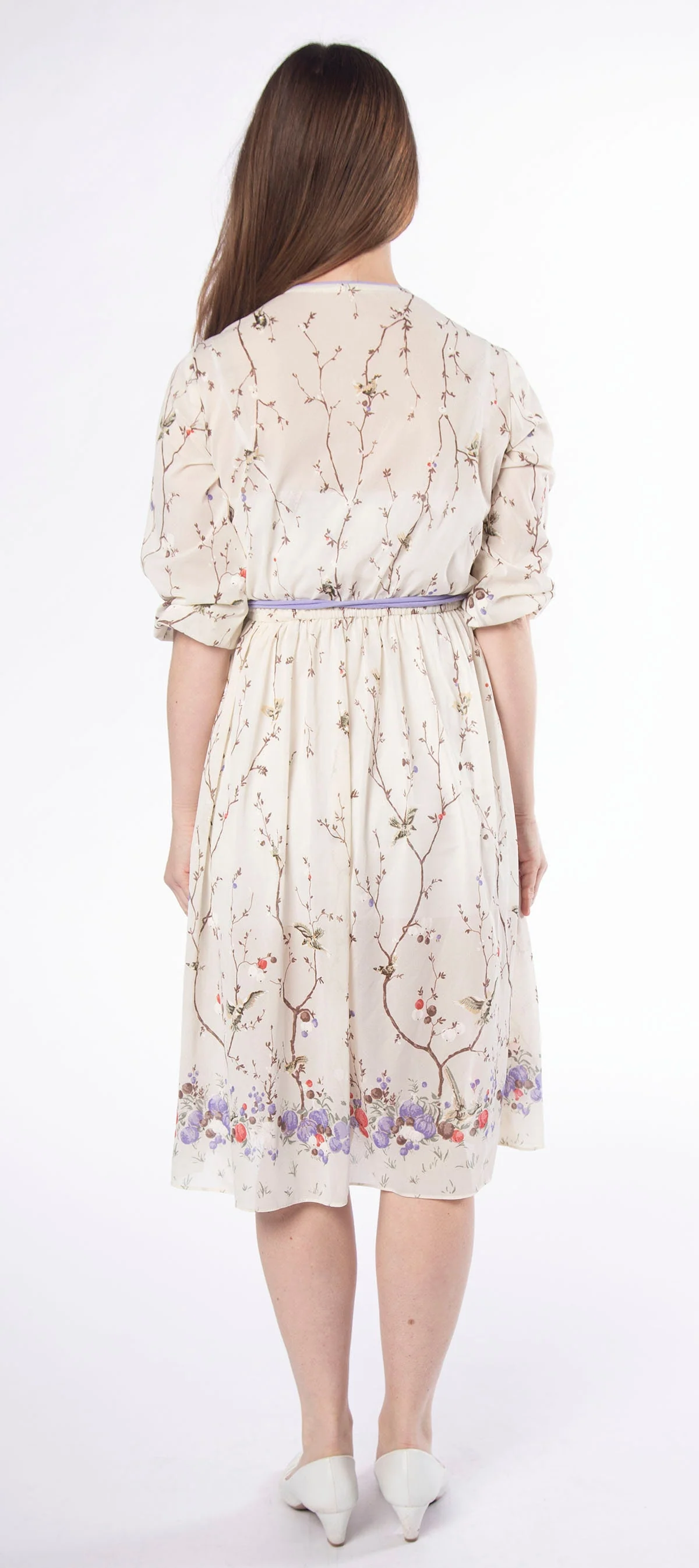Vintage 70s Floral Dress - Sheer Ivory White and Lavender Flower Berries and Bird Print Day Dress - Spring - Small - Image 2