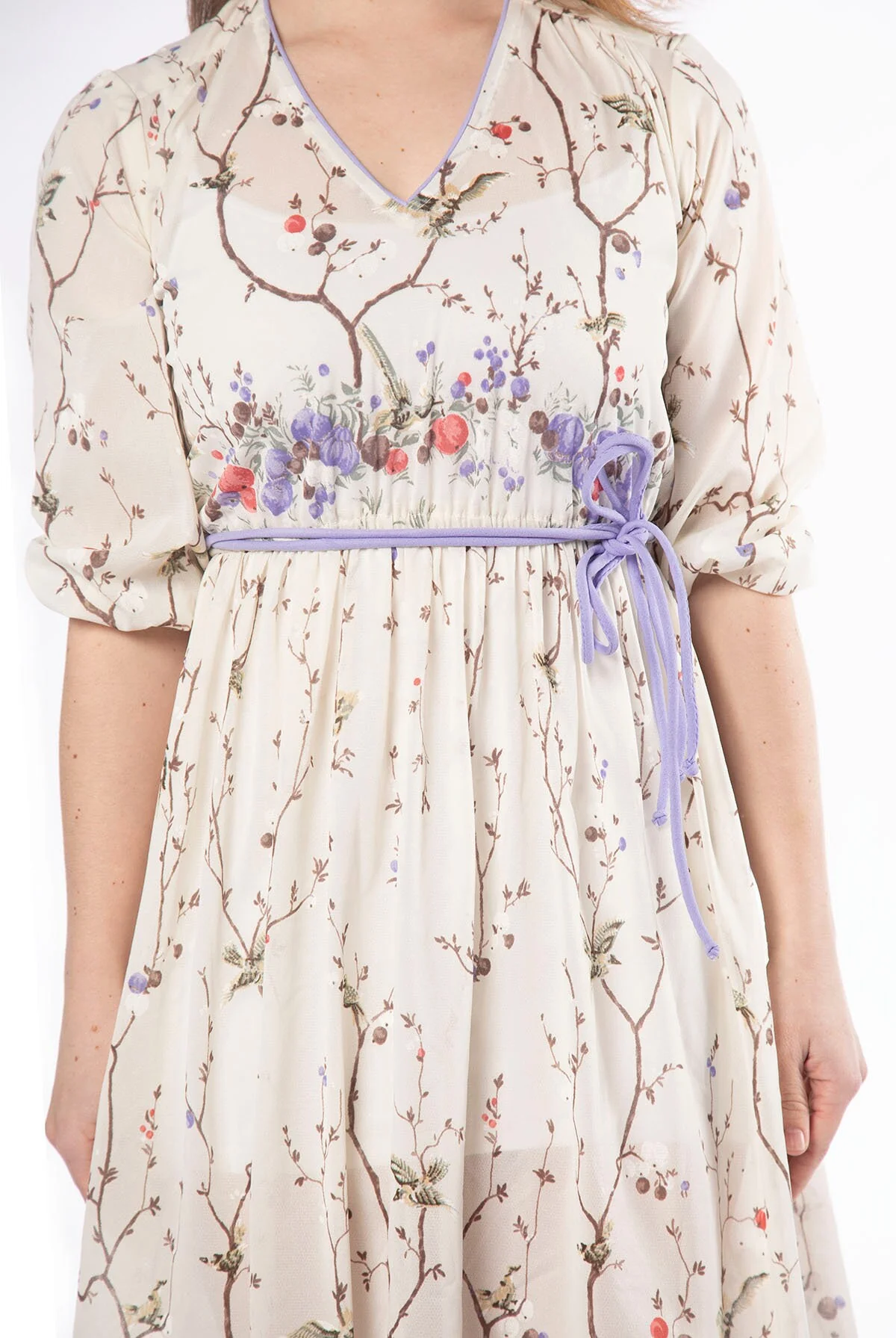 Vintage 70s Floral Dress - Sheer Ivory White and Lavender Flower Berries and Bird Print Day Dress - Spring - Small - Image 3
