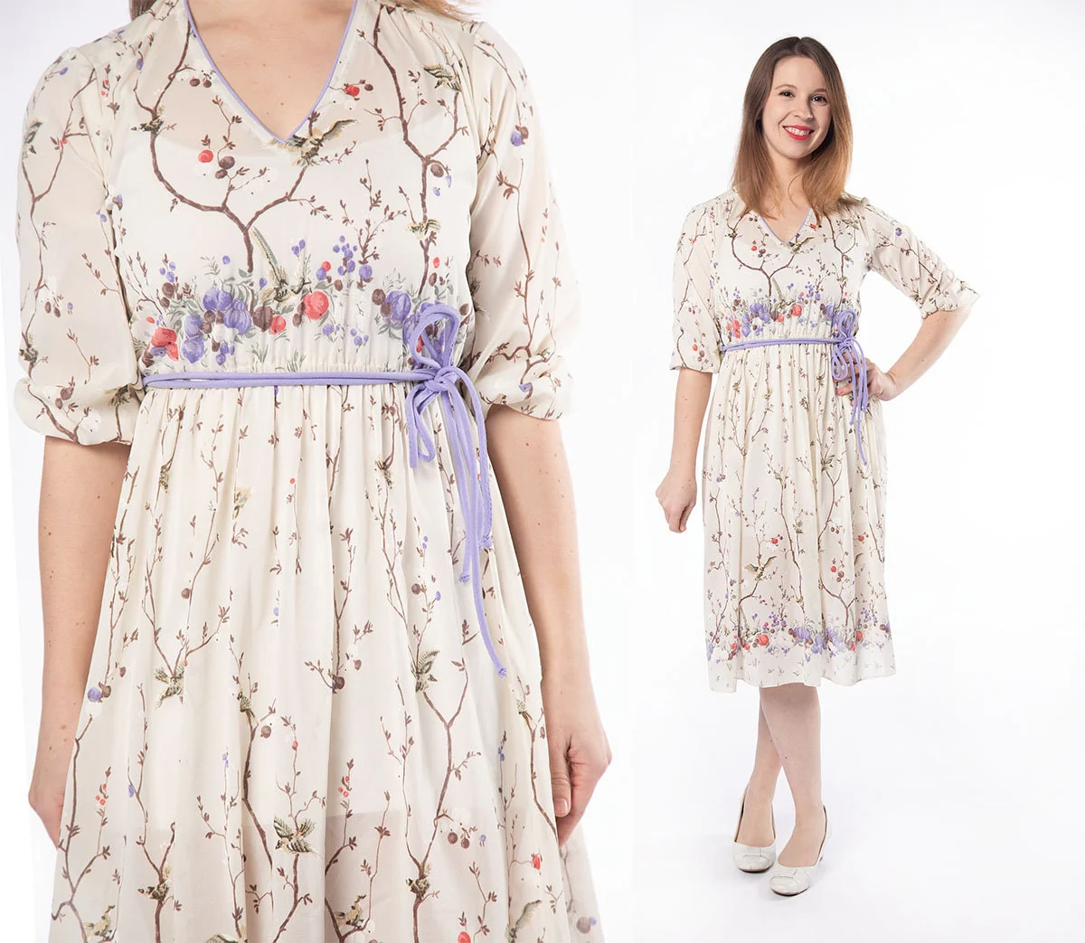 Vintage 70s Floral Dress - Sheer Ivory White and Lavender Flower Berries and Bird Print Day Dress - Spring - Small - Image 4